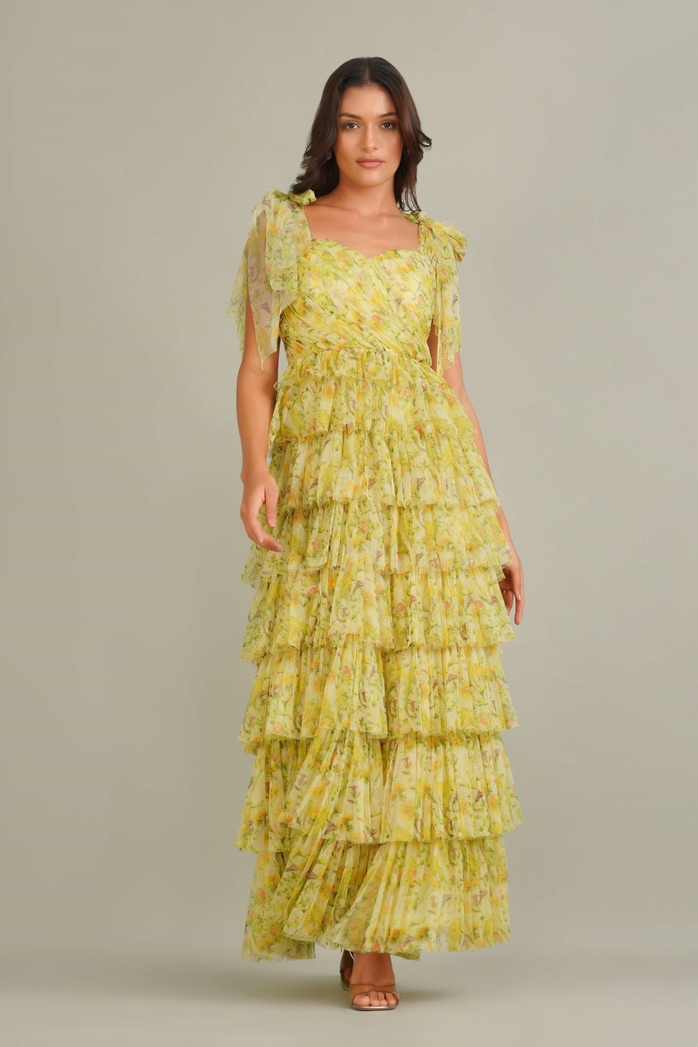 Ophelia Tulle Maxi Dress with Tie Detail in Yellow Floral – Lace & Beads