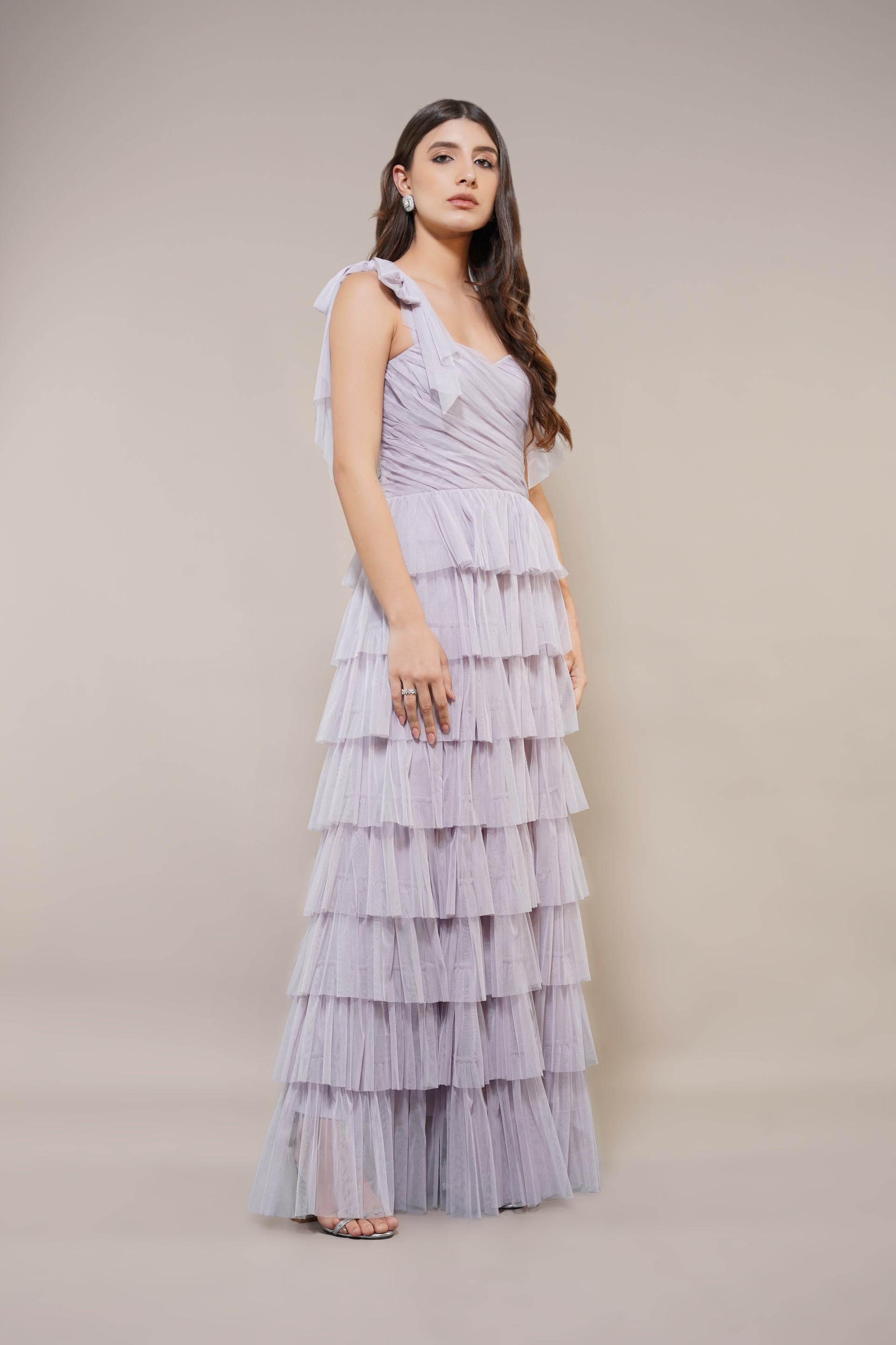 Ophelia Tulle Maxi Dress with Tie Detail in Lilac