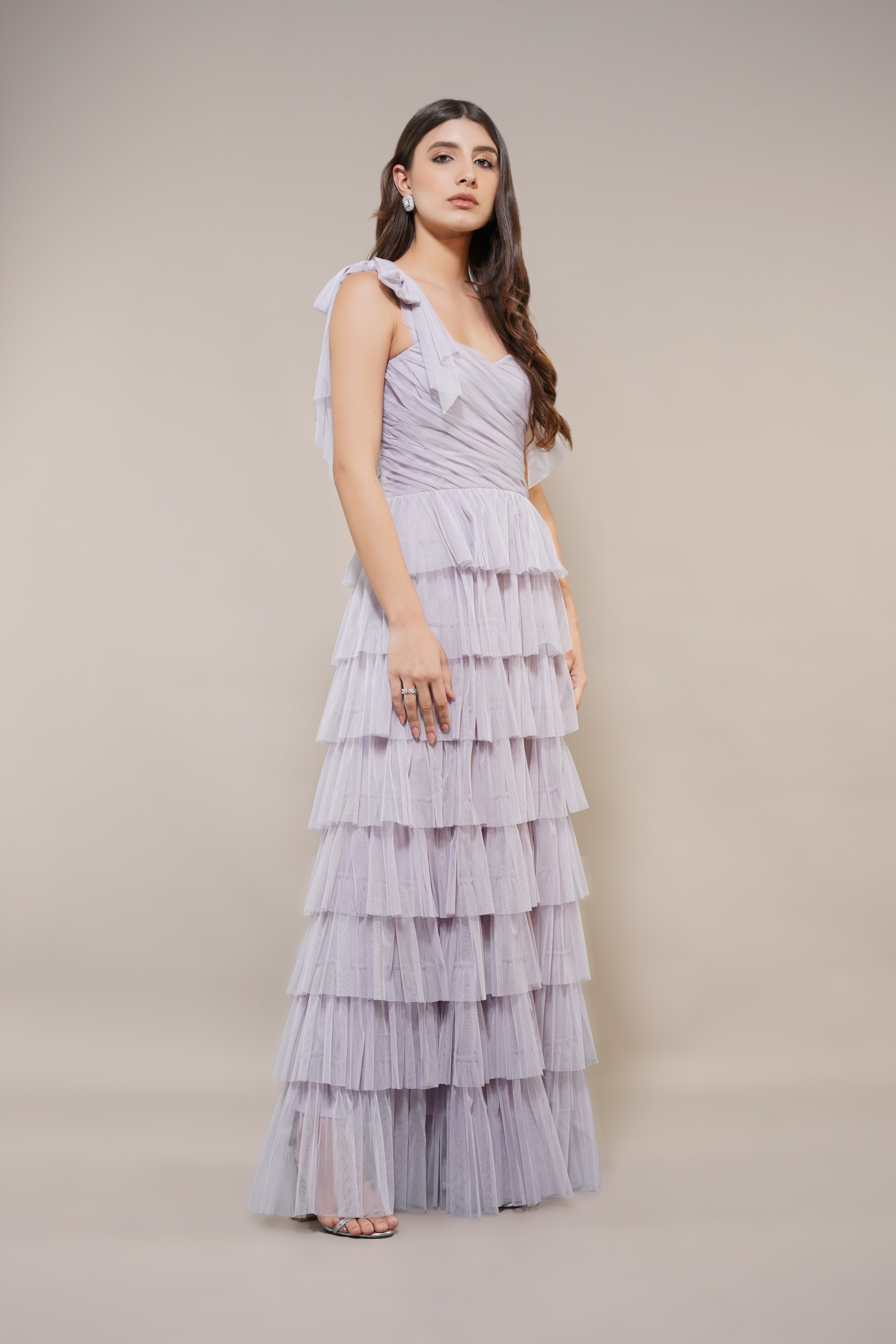 Ophelia Tulle Maxi Dress with Tie Detail in Lilac