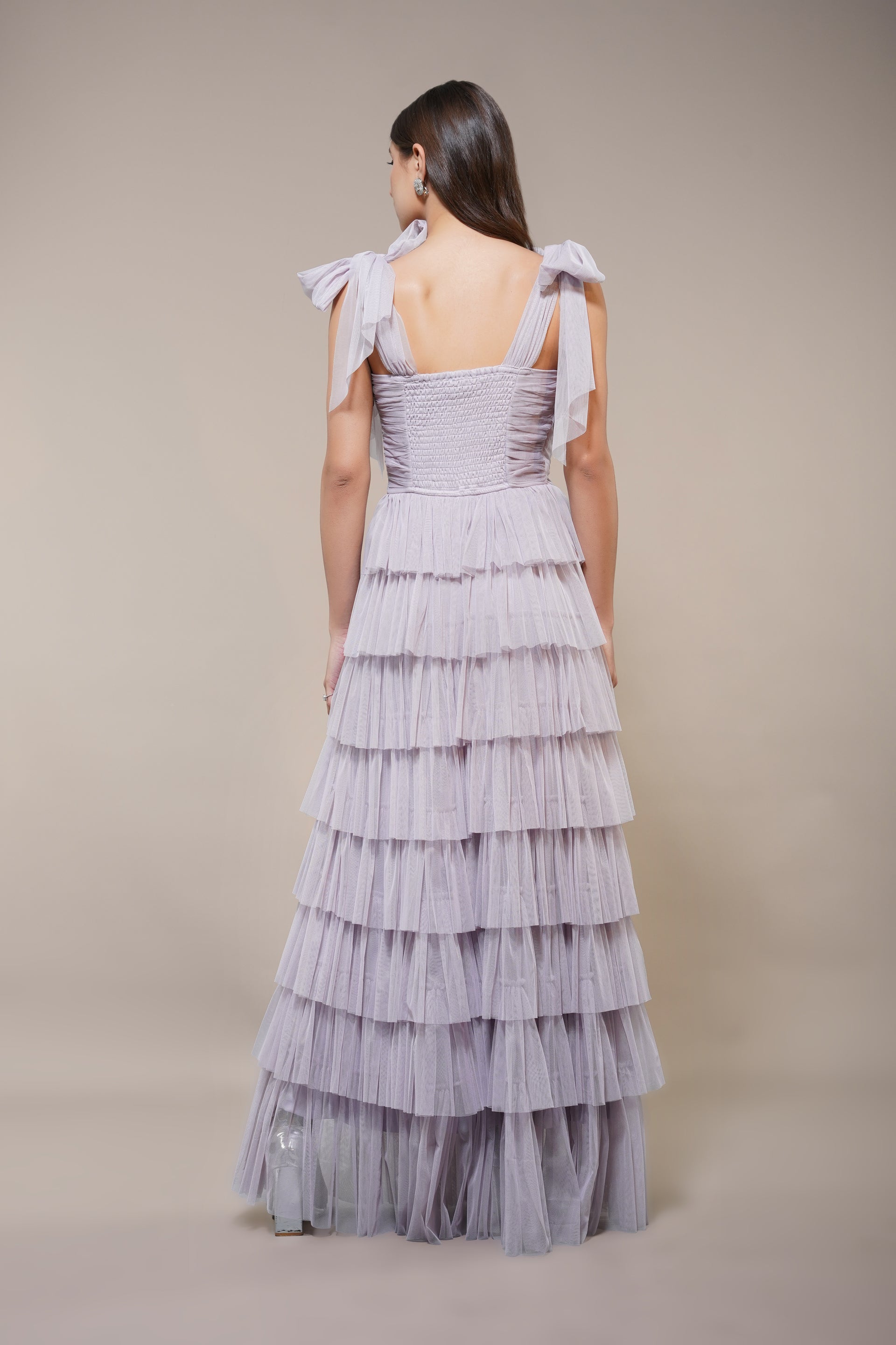 Ophelia Tulle Maxi Dress with Tie Detail in Lilac