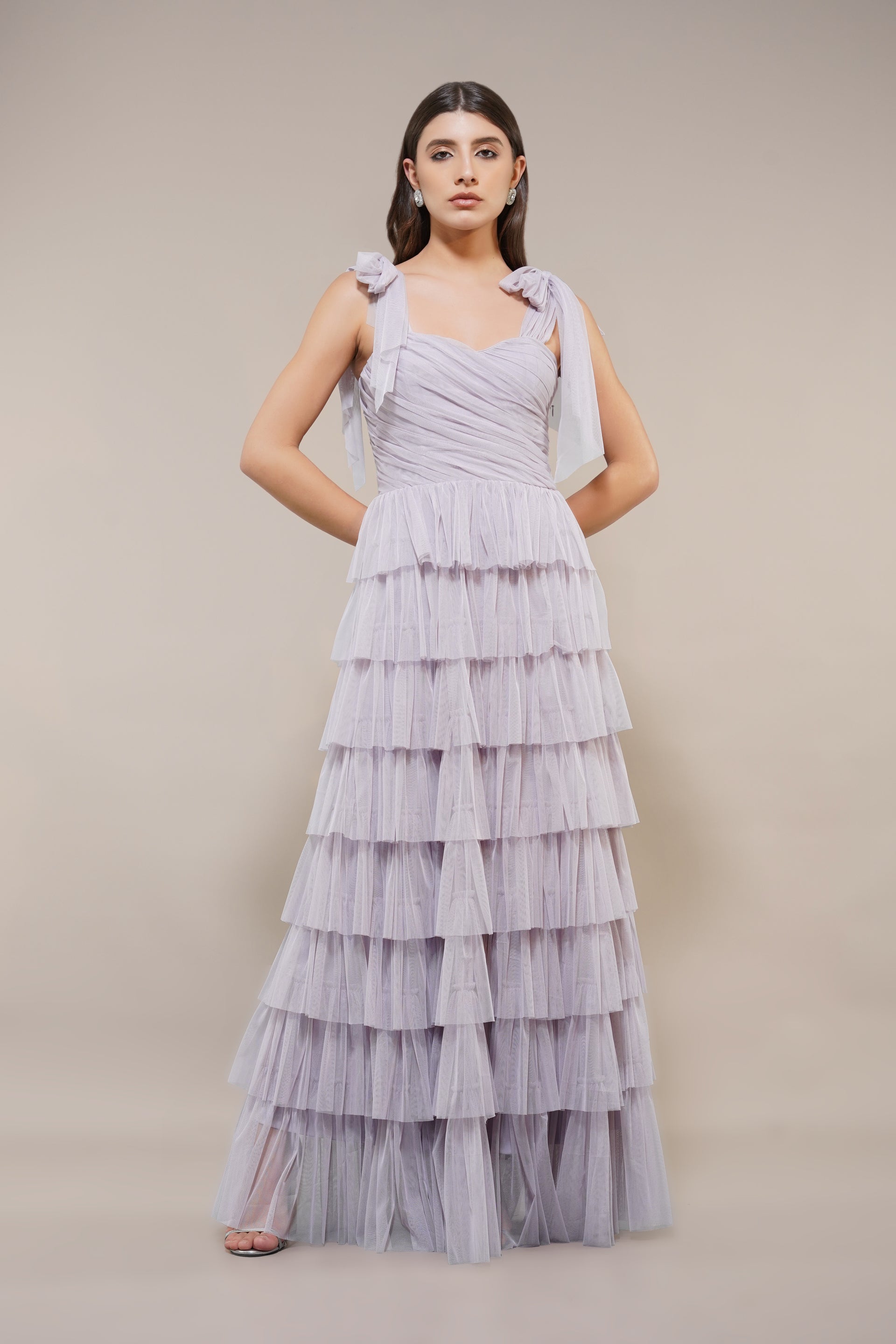 Ophelia Tulle Maxi Dress with Tie Detail in Lilac – Lace & Beads