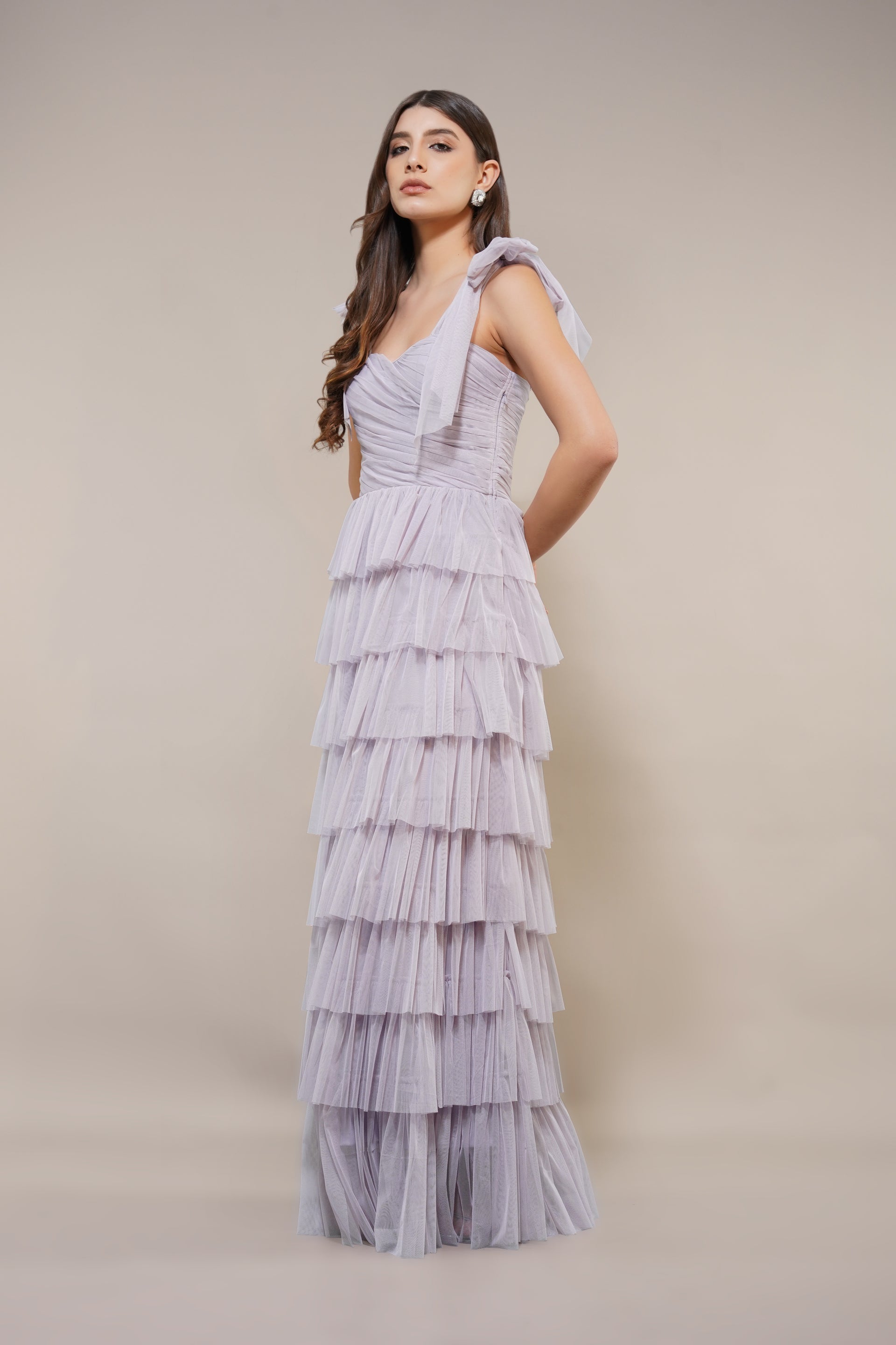 Ophelia Tulle Maxi Dress with Tie Detail in Lilac