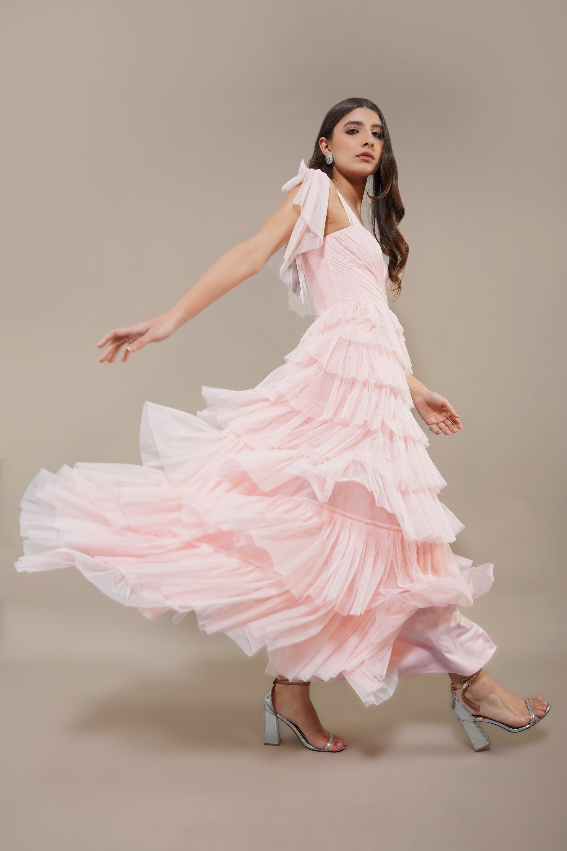 Ophelia Tulle Maxi Dress with Tie Detail in Pink