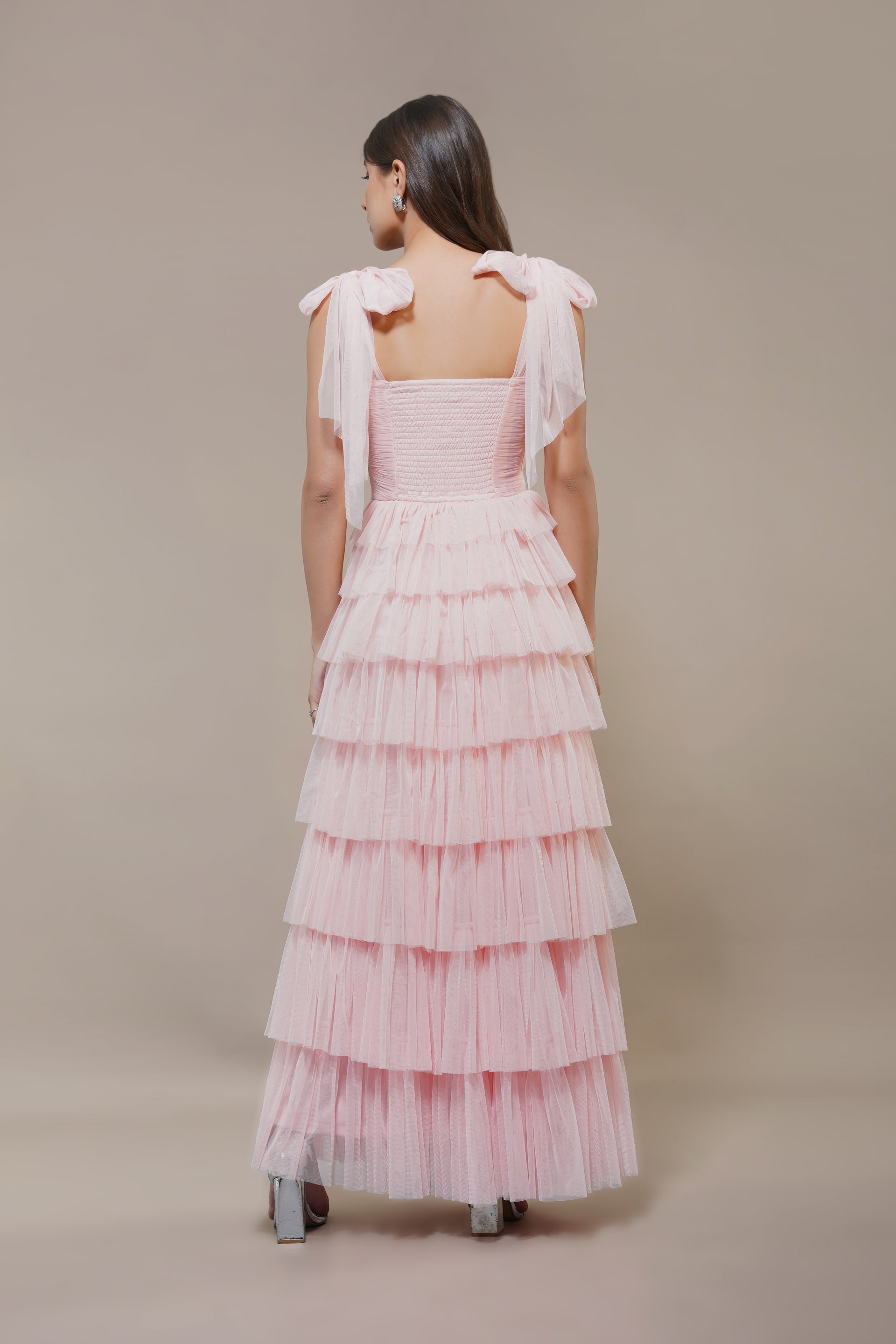 Ophelia Tulle Maxi Dress with Tie Detail in Pink