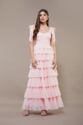 Shoulder tie sweetheart soft mesh tulle maxi pink wedding bridesmaid dress