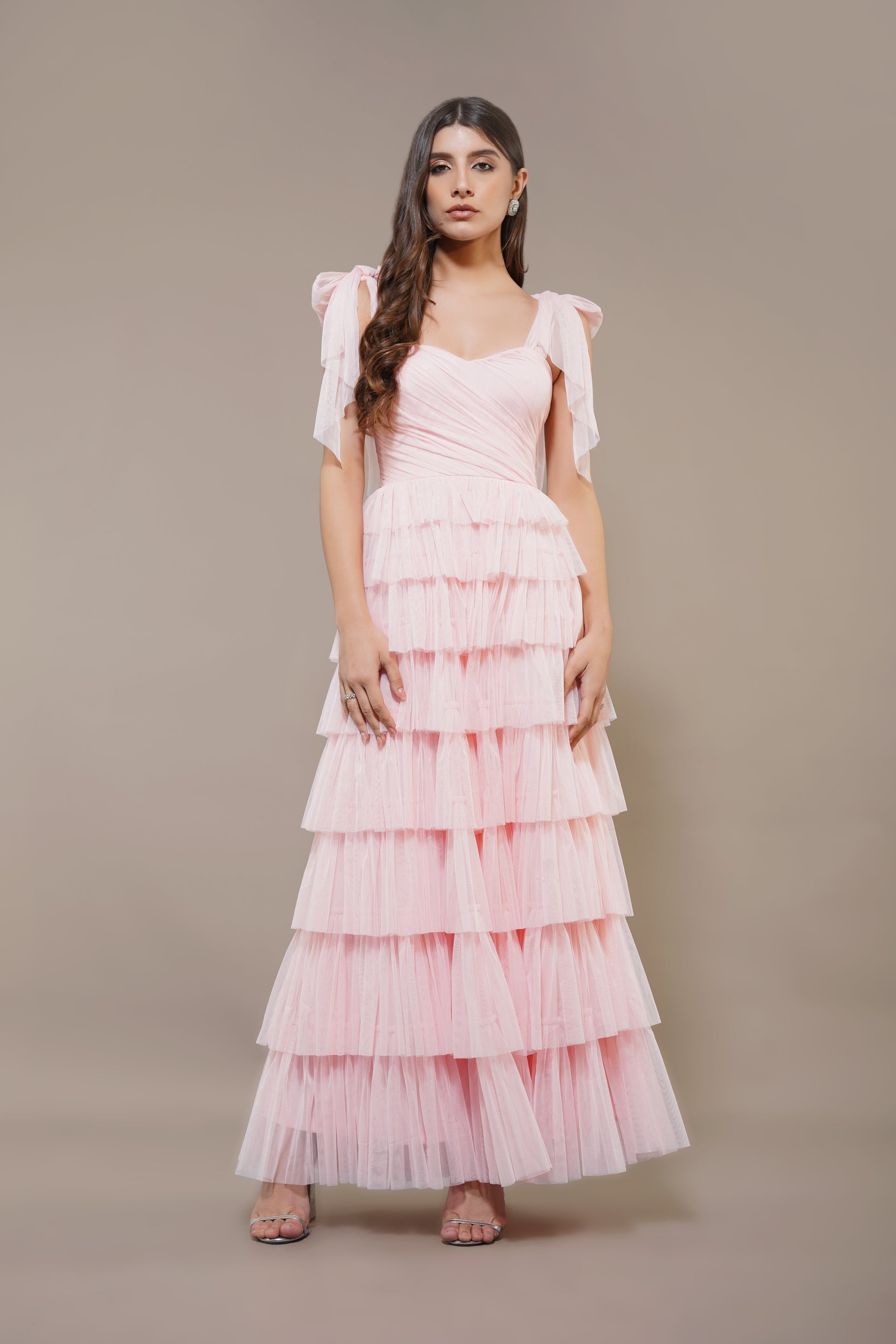 Shoulder tie sweetheart soft mesh tulle maxi pink wedding bridesmaid dress