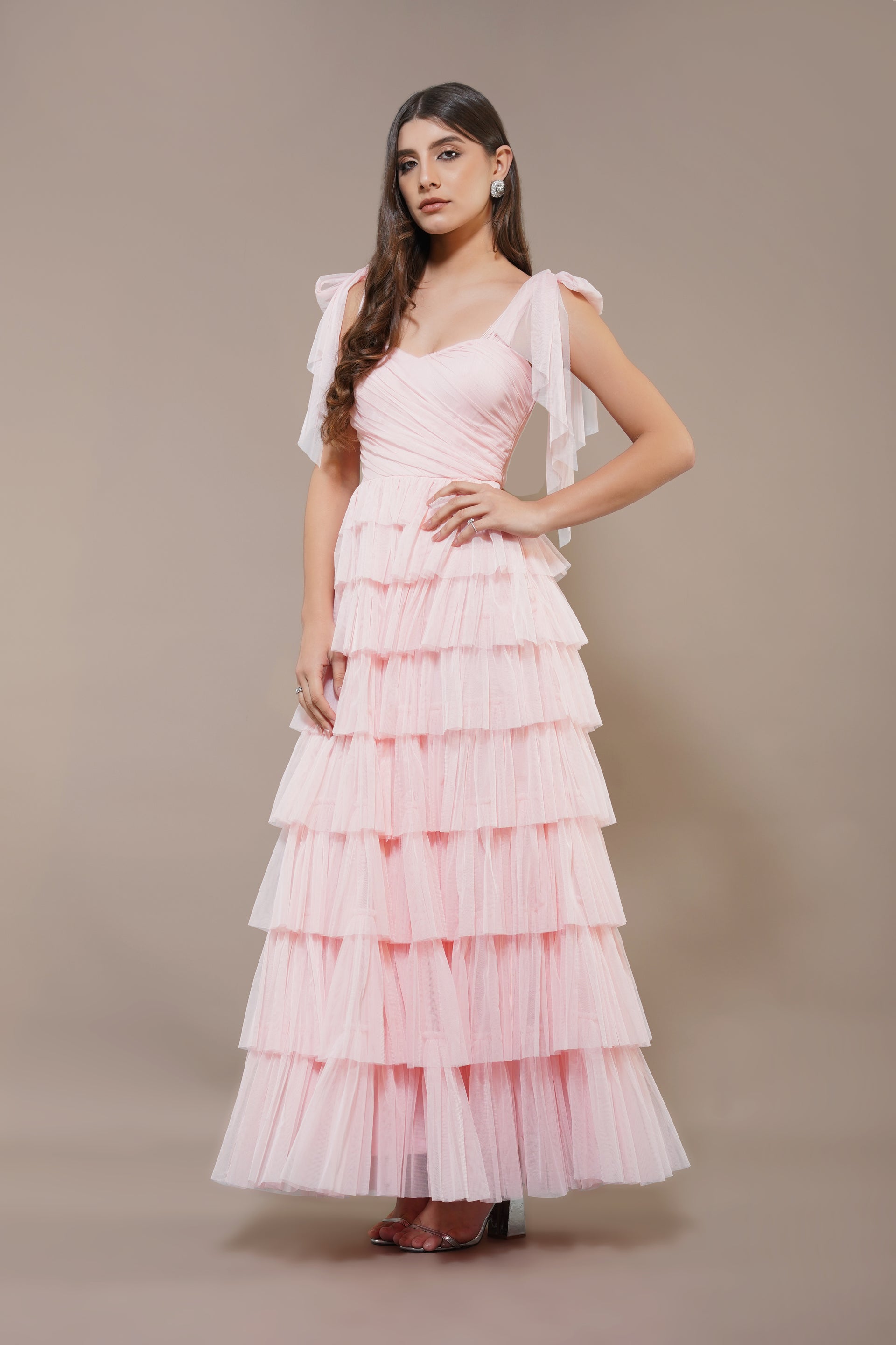 Ophelia Tulle Maxi Dress with Tie Detail in Pink