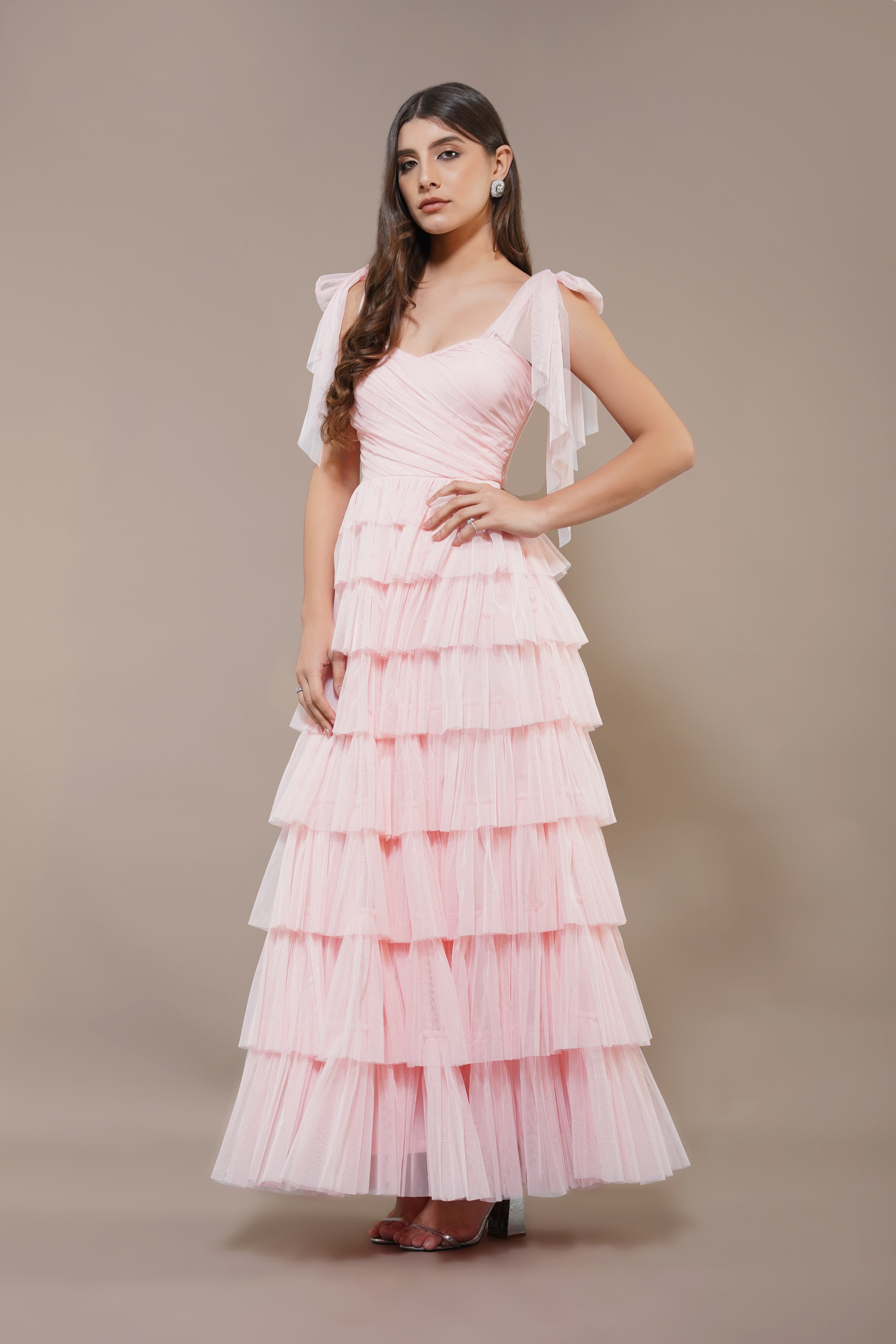 Ophelia Tulle Maxi Dress with Tie Detail in Pink