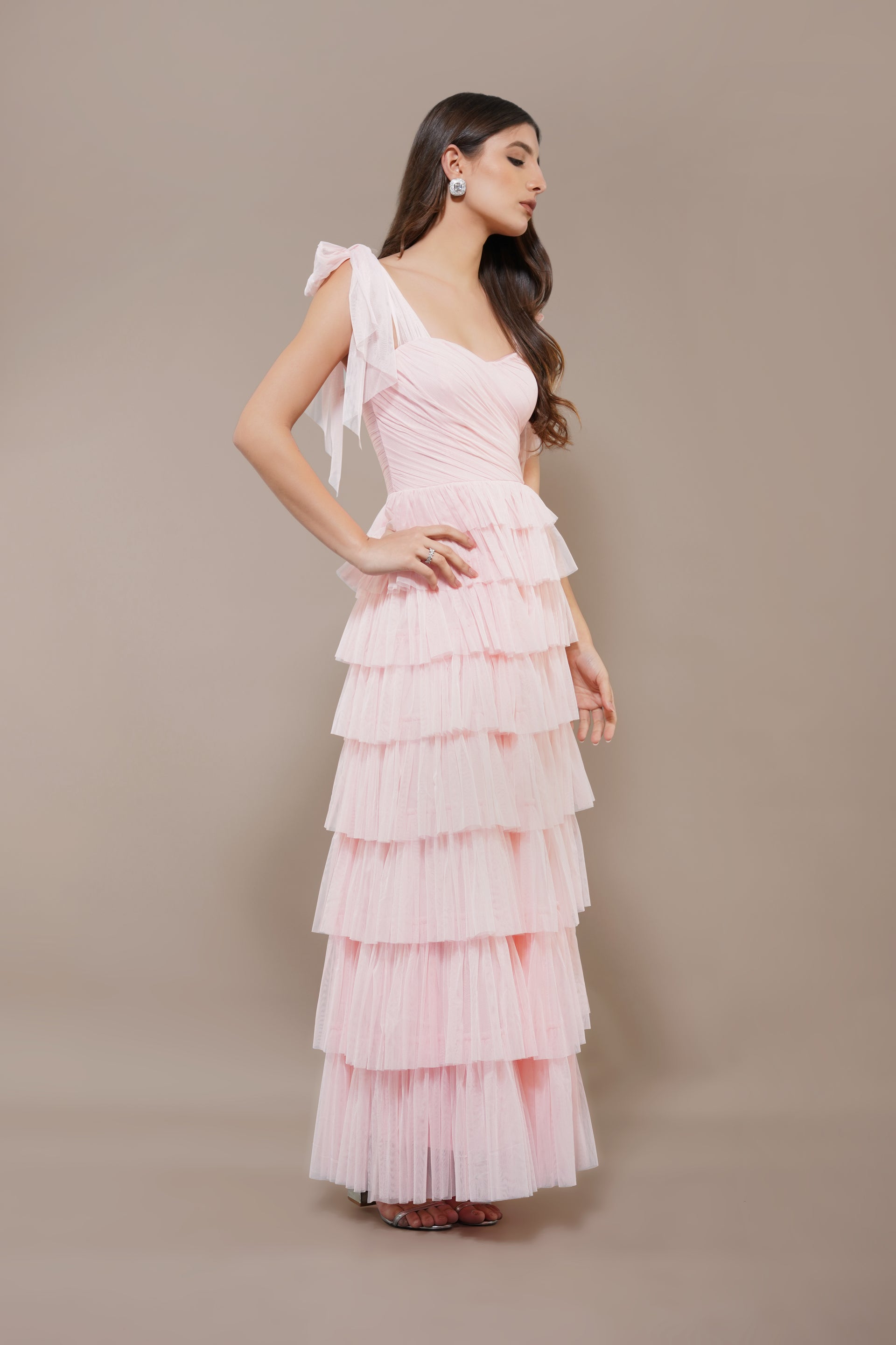 Ophelia Tulle Maxi Dress with Tie Detail in Pink
