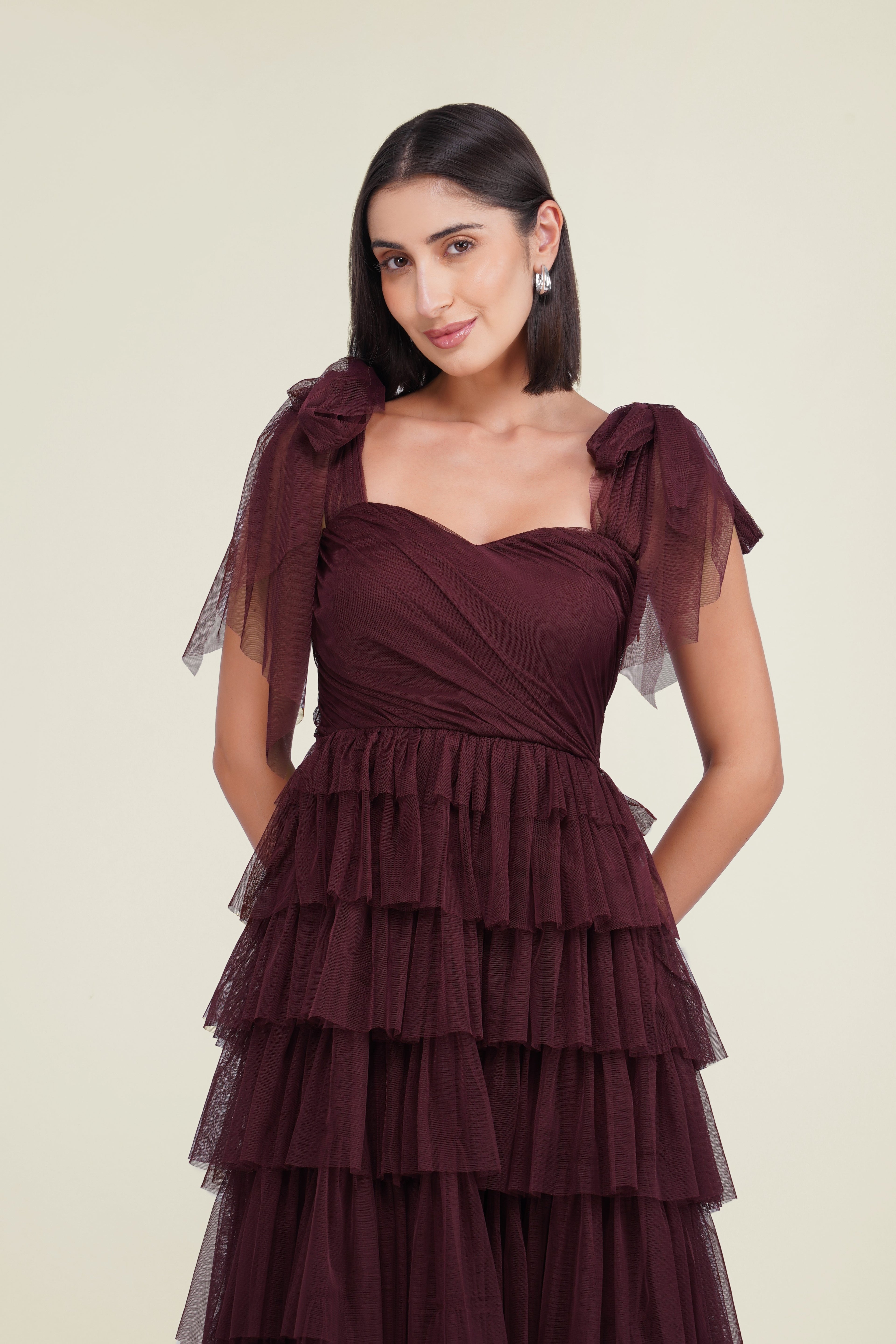 Ophelia Tulle Maxi Dress with Tie Detail in Plum