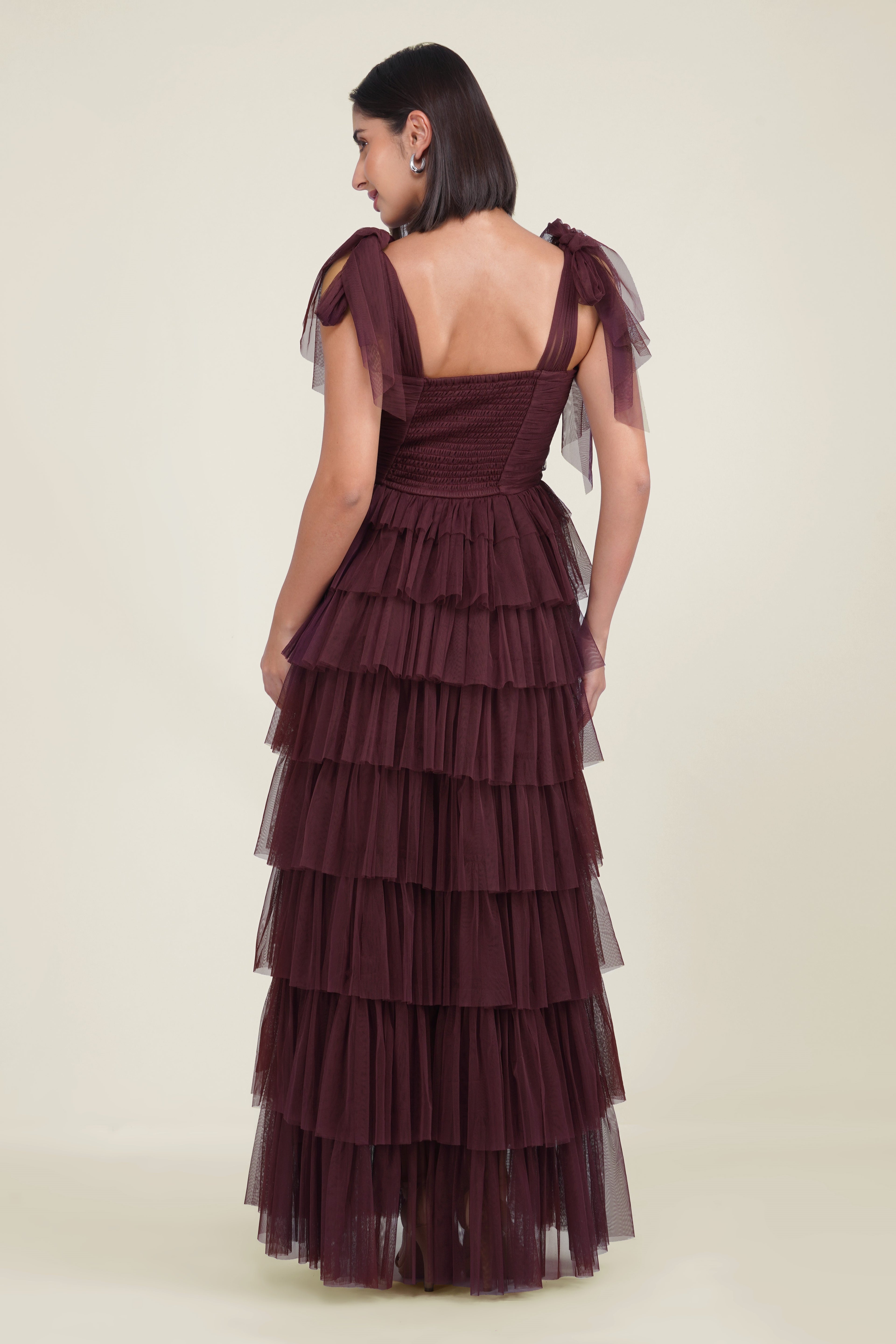 Ophelia Tulle Maxi Dress with Tie Detail in Plum
