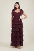 purple tulle maxi dress layered-skirt sweetheart neckline bow-sleeves