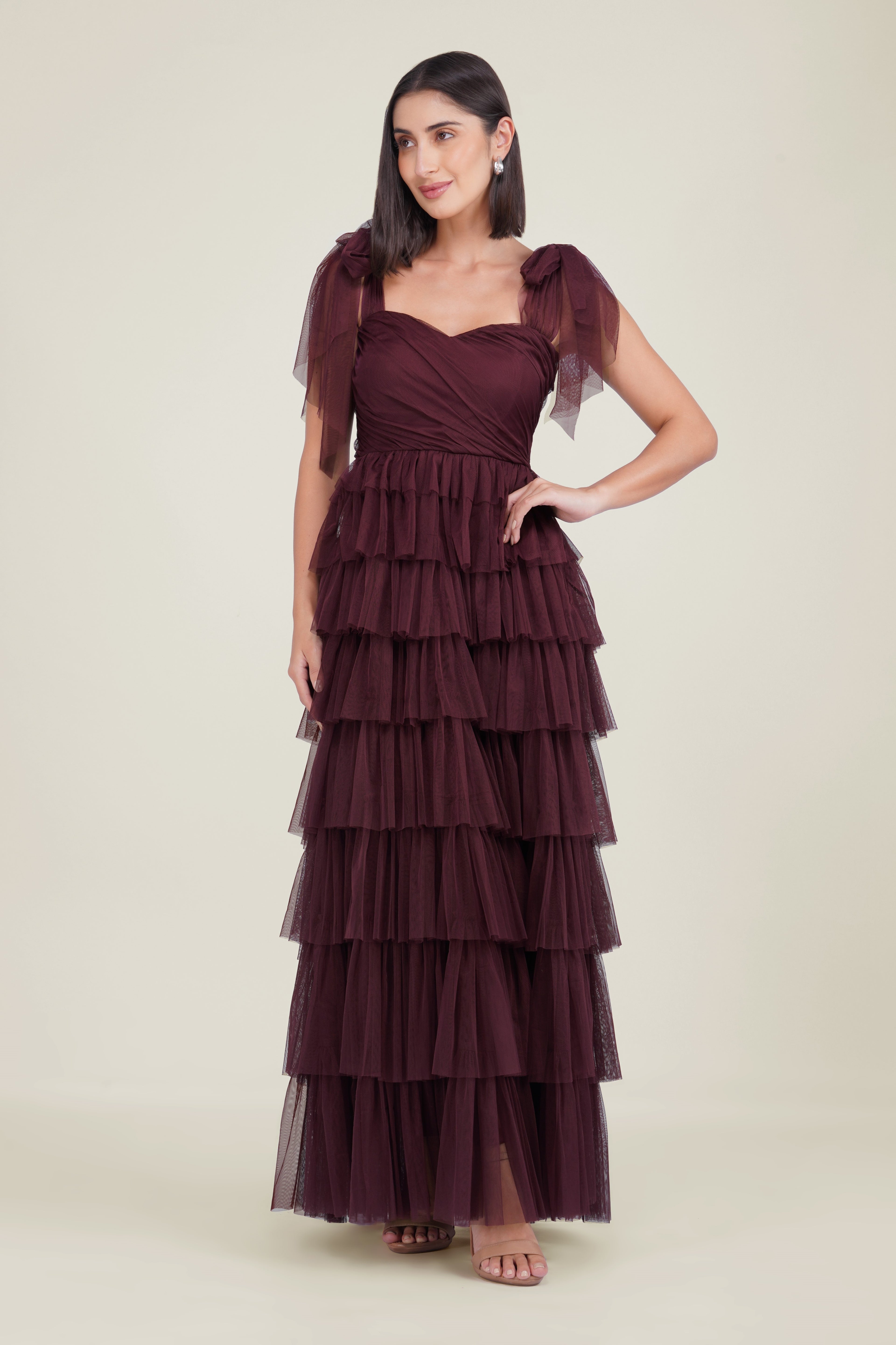 purple tulle maxi dress layered-skirt sweetheart neckline bow-sleeves