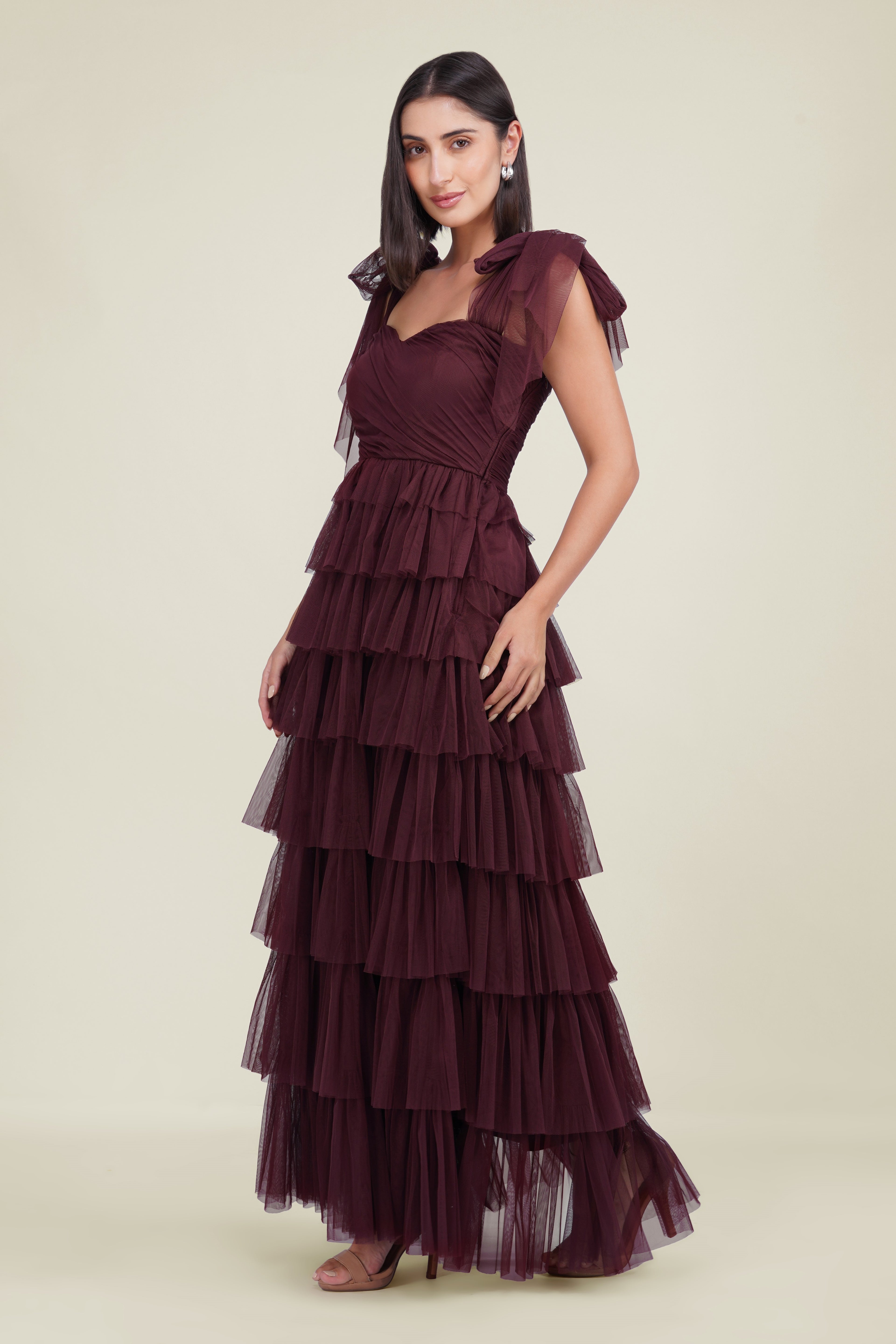 Ophelia Tulle Maxi Dress with Tie Detail in Plum