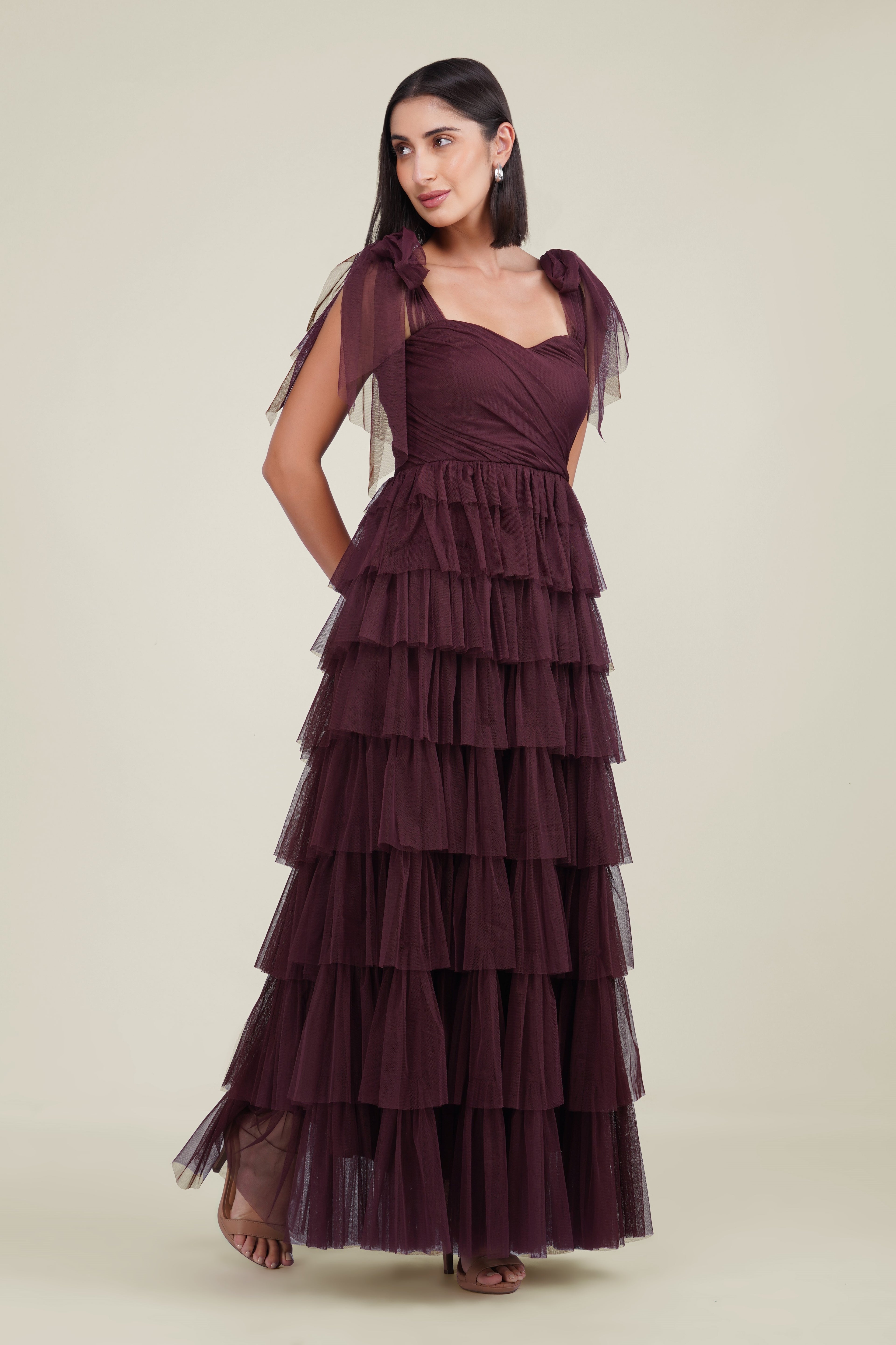 Ophelia Tulle Maxi Dress with Tie Detail in Plum