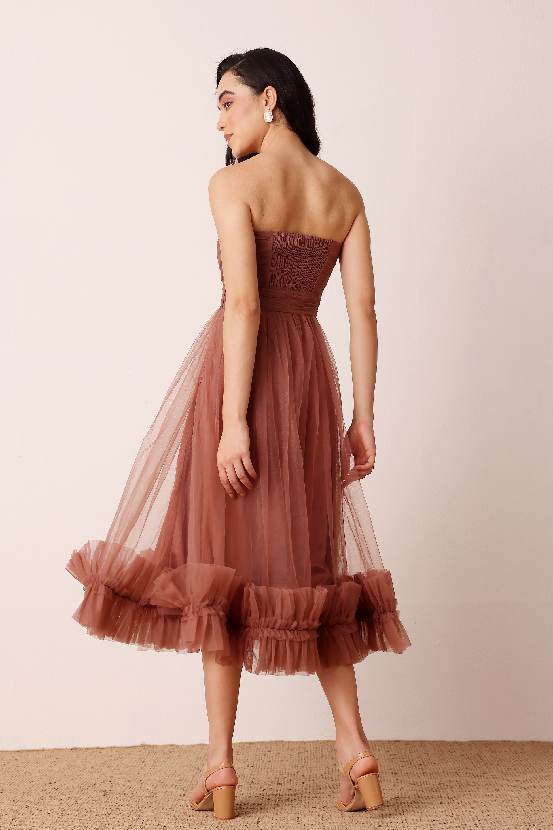 Orion Tulle Midi Dress in Rose Brown