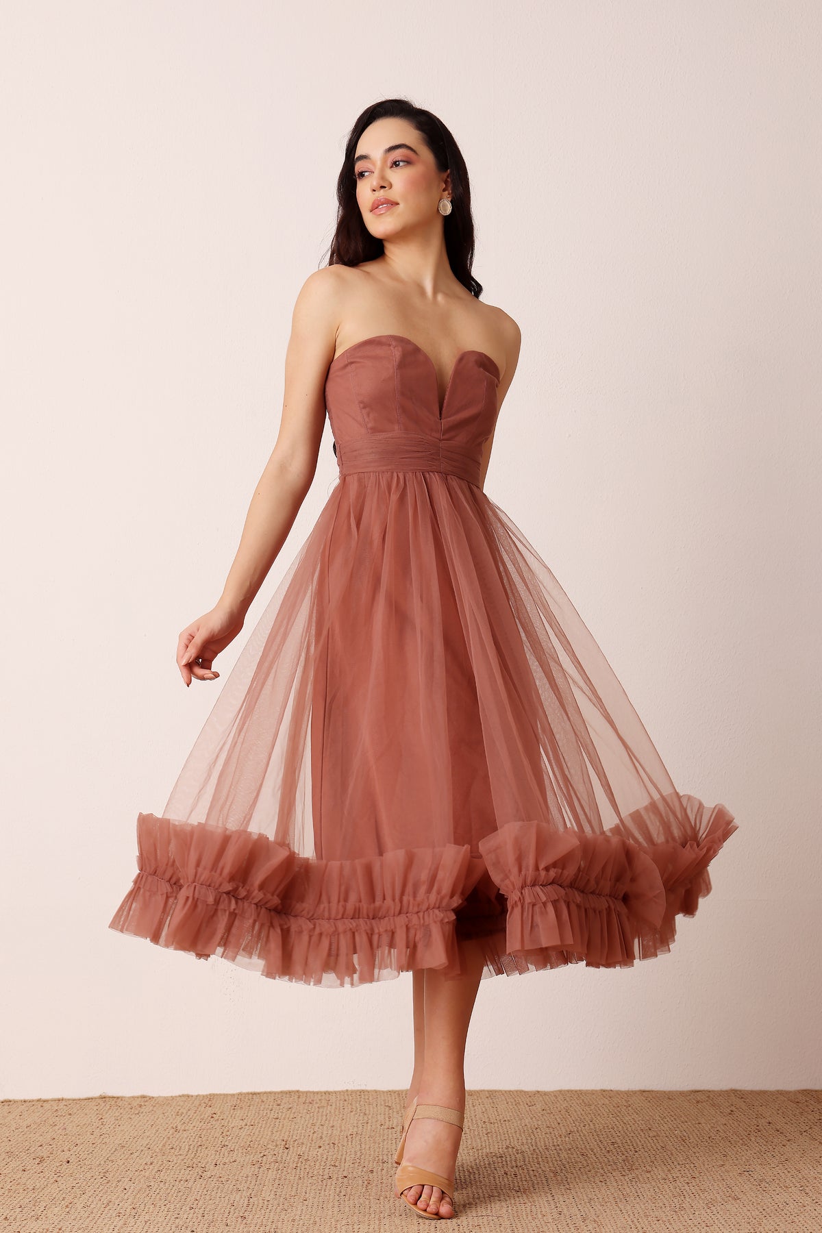 Orion Tulle Midi Dress in Rose Brown