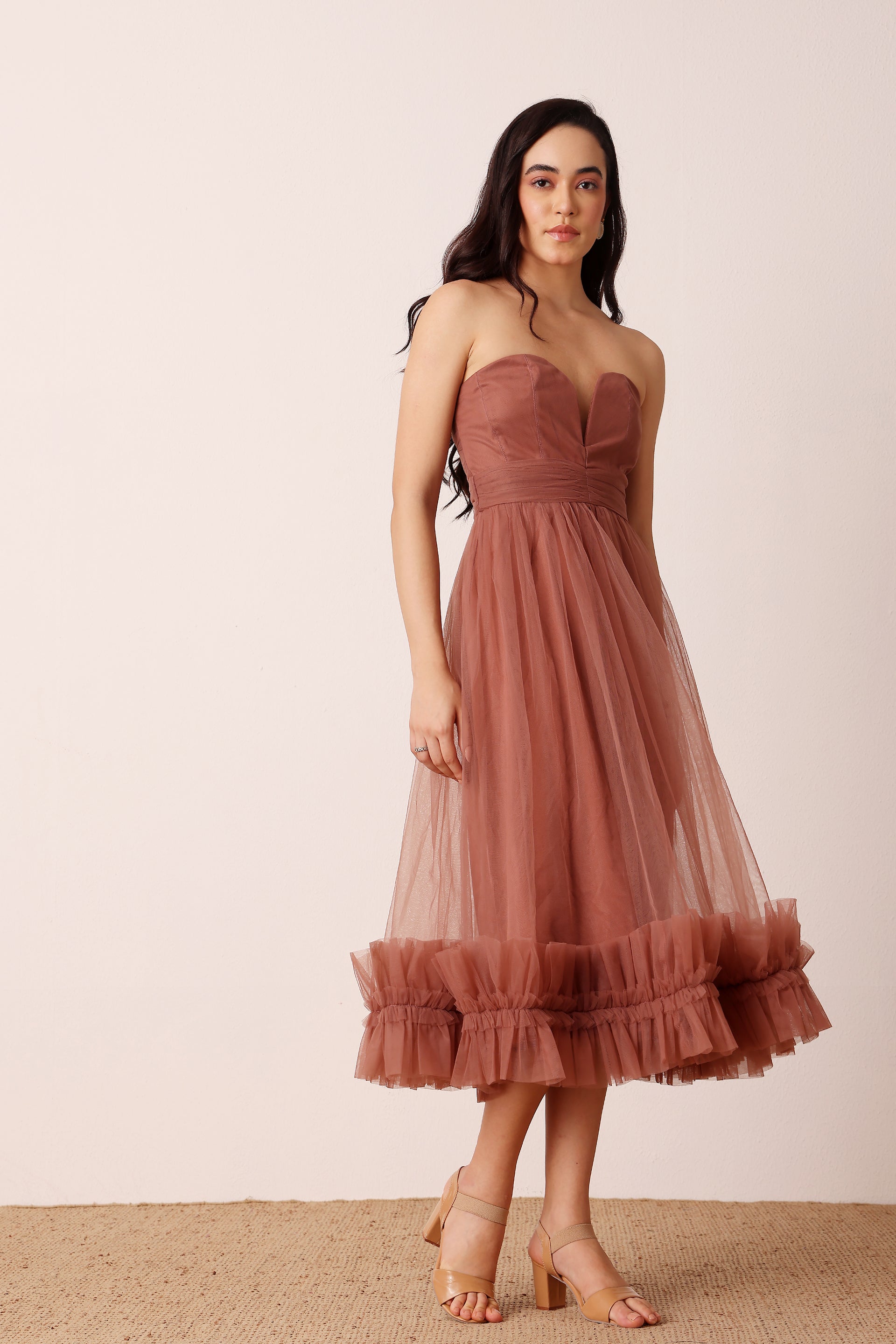 Orion Tulle Midi Dress in Rose Brown