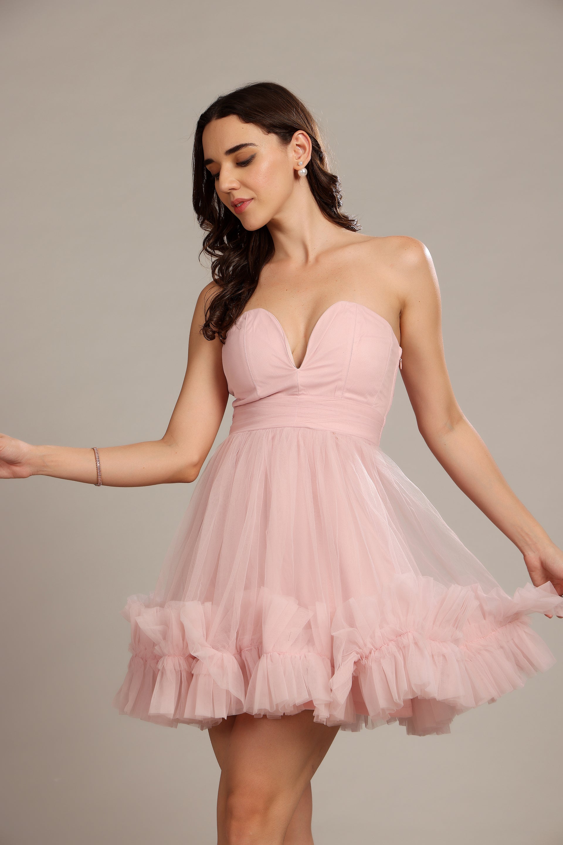 Strapless Plunging Sweetheart Tulle Party Powder Pink Mini Dress