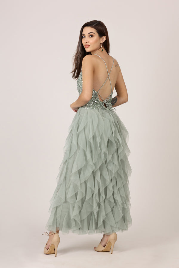 Made to Measure Teal Mirror Work Embellished Layered Dress with Attached Cape