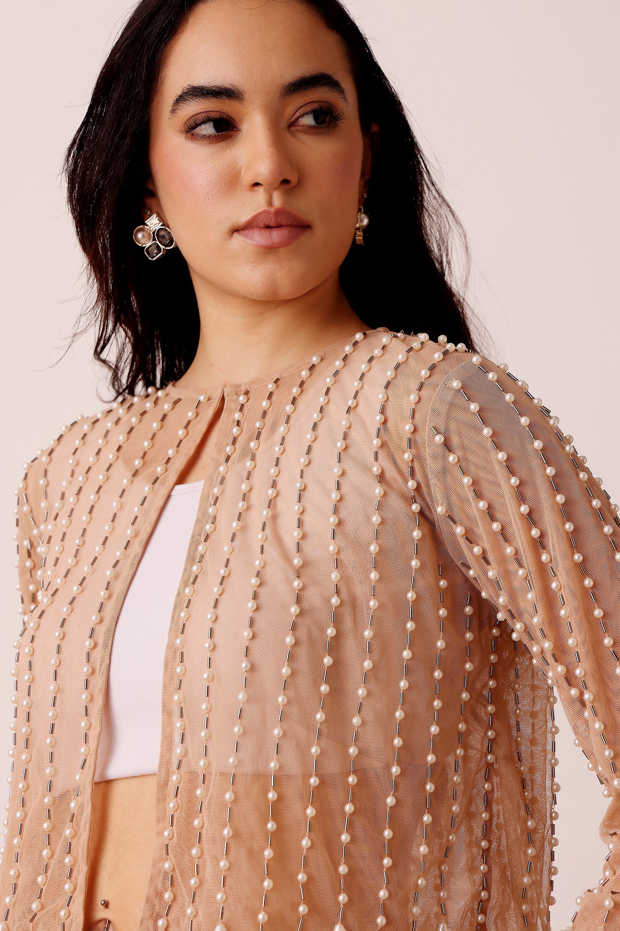 Pearl Embellished Sheer Cropped Jacket in Beige