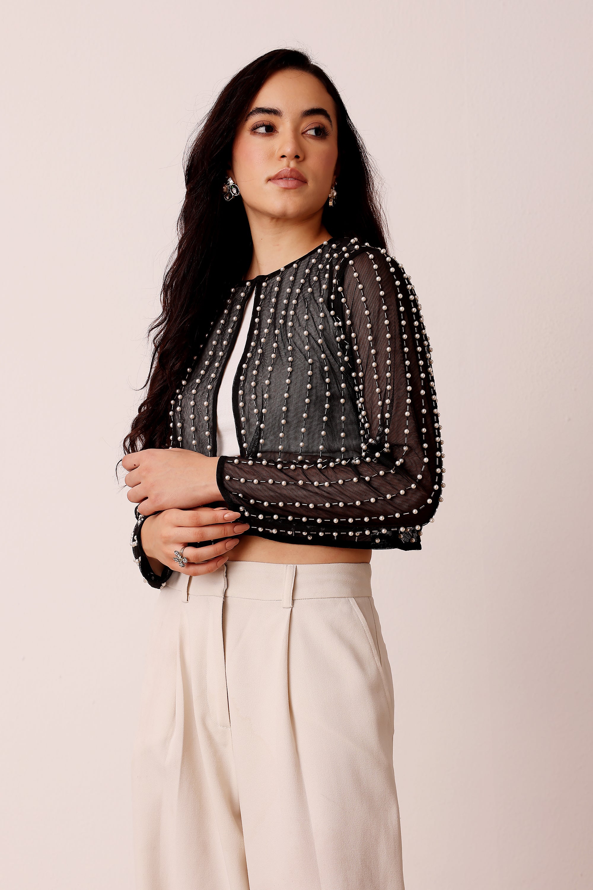 Pearl Embellished Sheer Cropped Jacket in Black