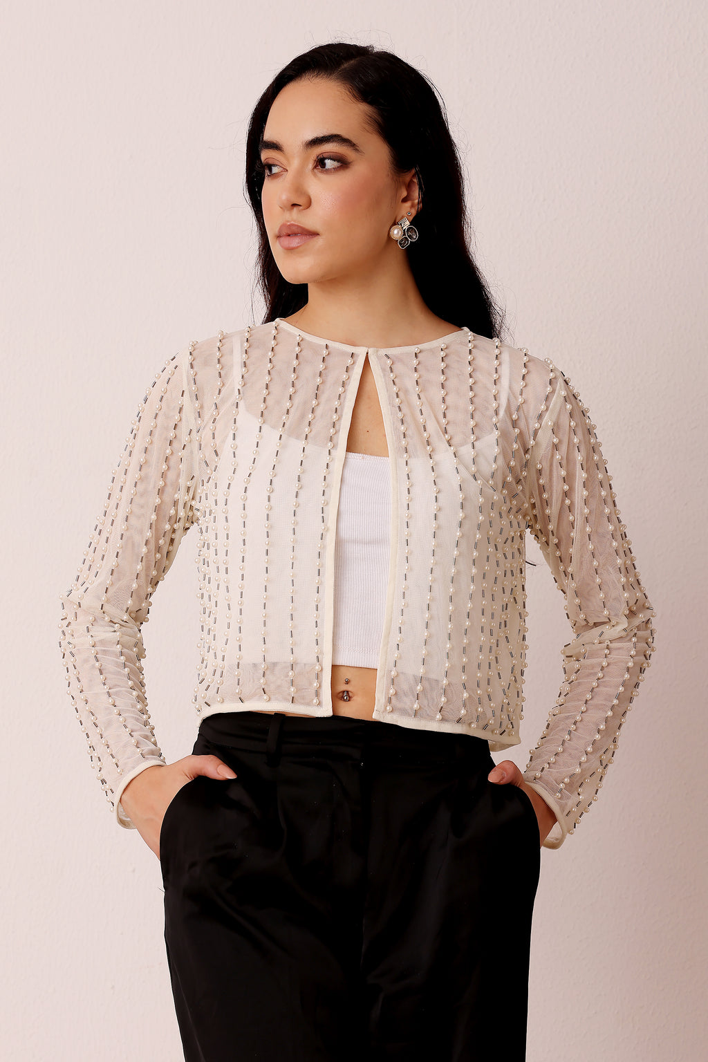 Pearl Embellished Sheer Mesh Long Sleeve Jacket in Ivory White Wedding Coverup