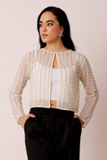 Pearl Embellished Sheer Mesh Long Sleeve Jacket in Ivory White Wedding Coverup