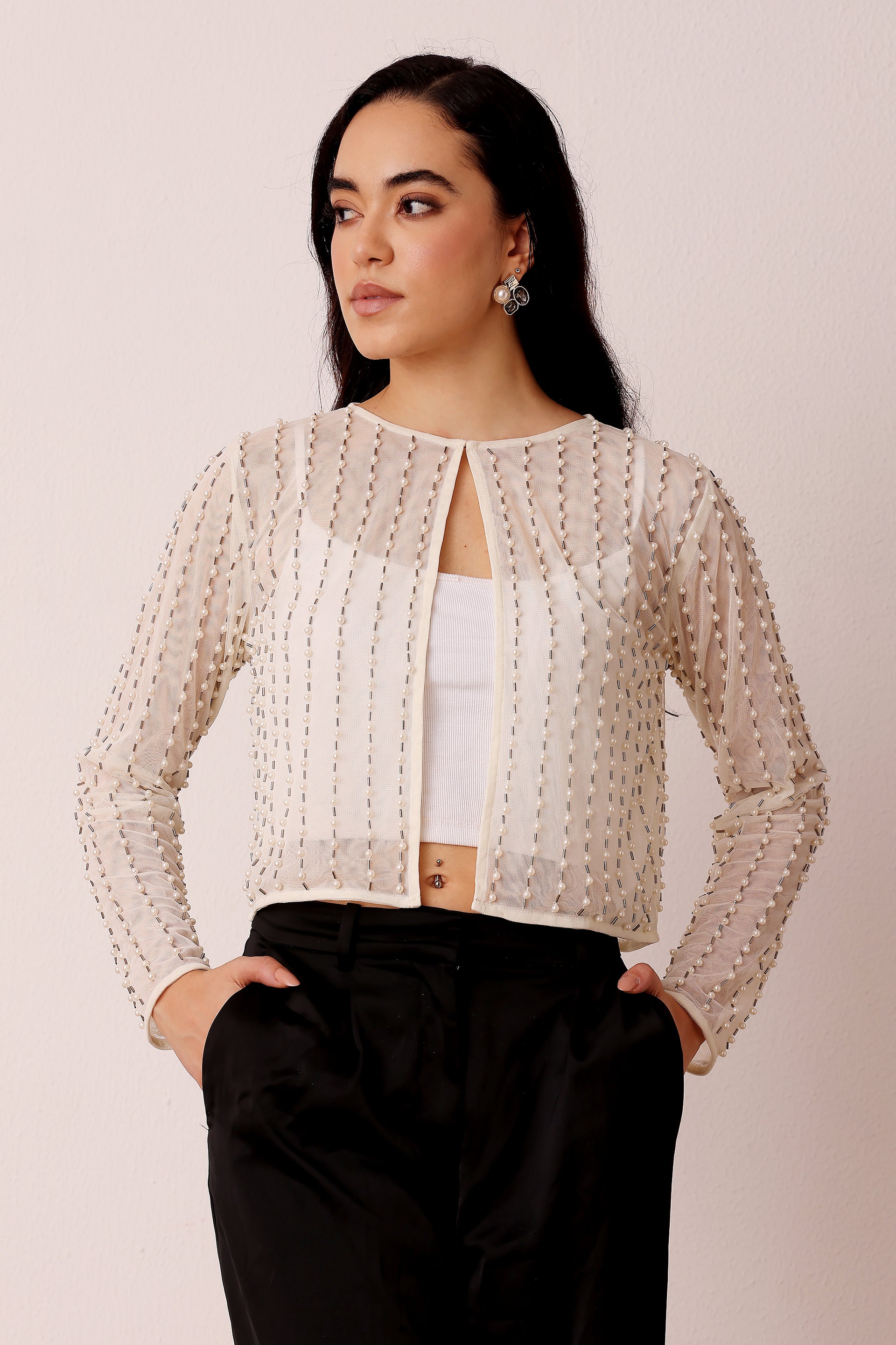 Pearl Embellished Sheer Mesh Long Sleeve Jacket in Ivory White Wedding Coverup