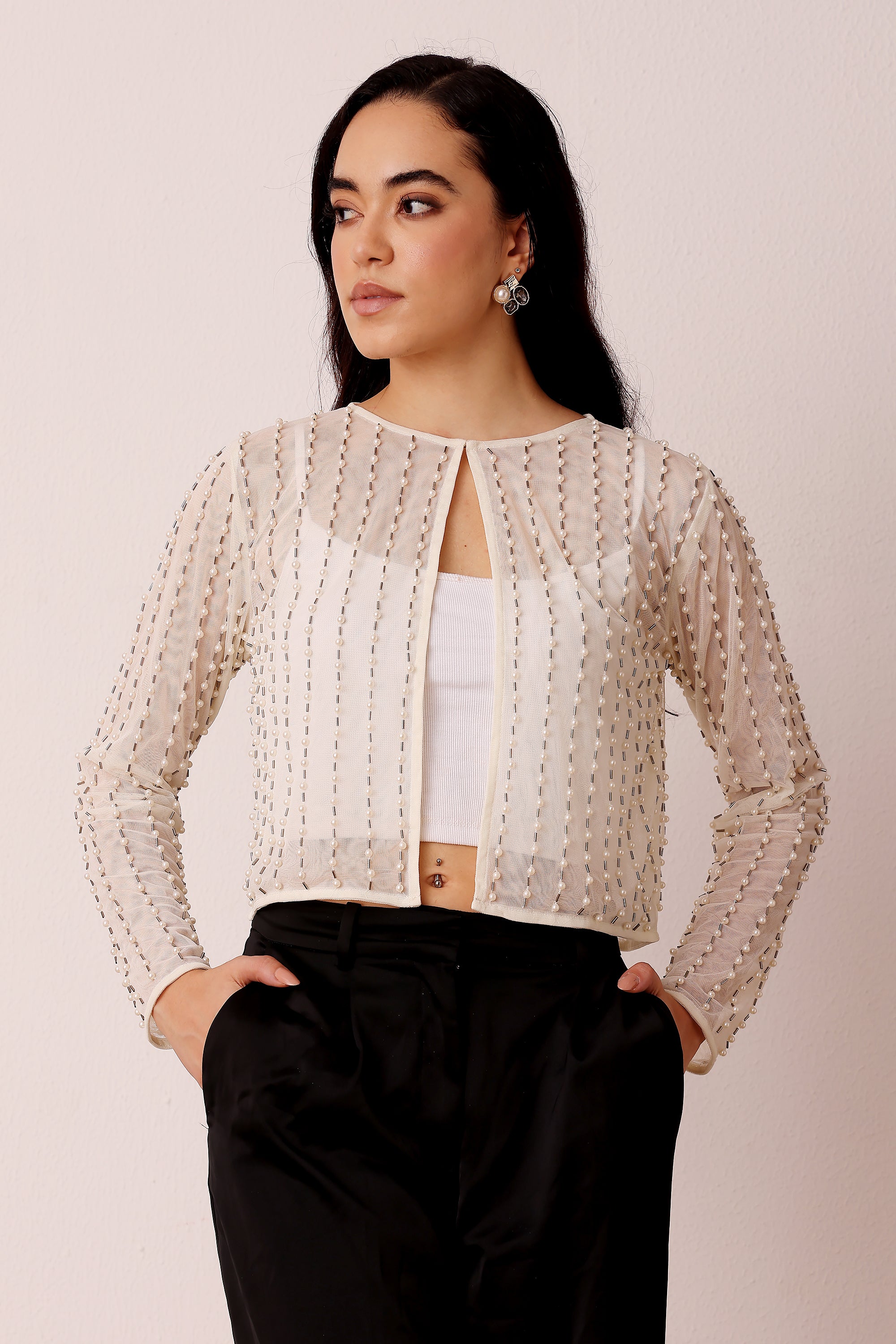 Pearl Embellished Sheer Mesh Long Sleeve Jacket in Ivory White Wedding Coverup
