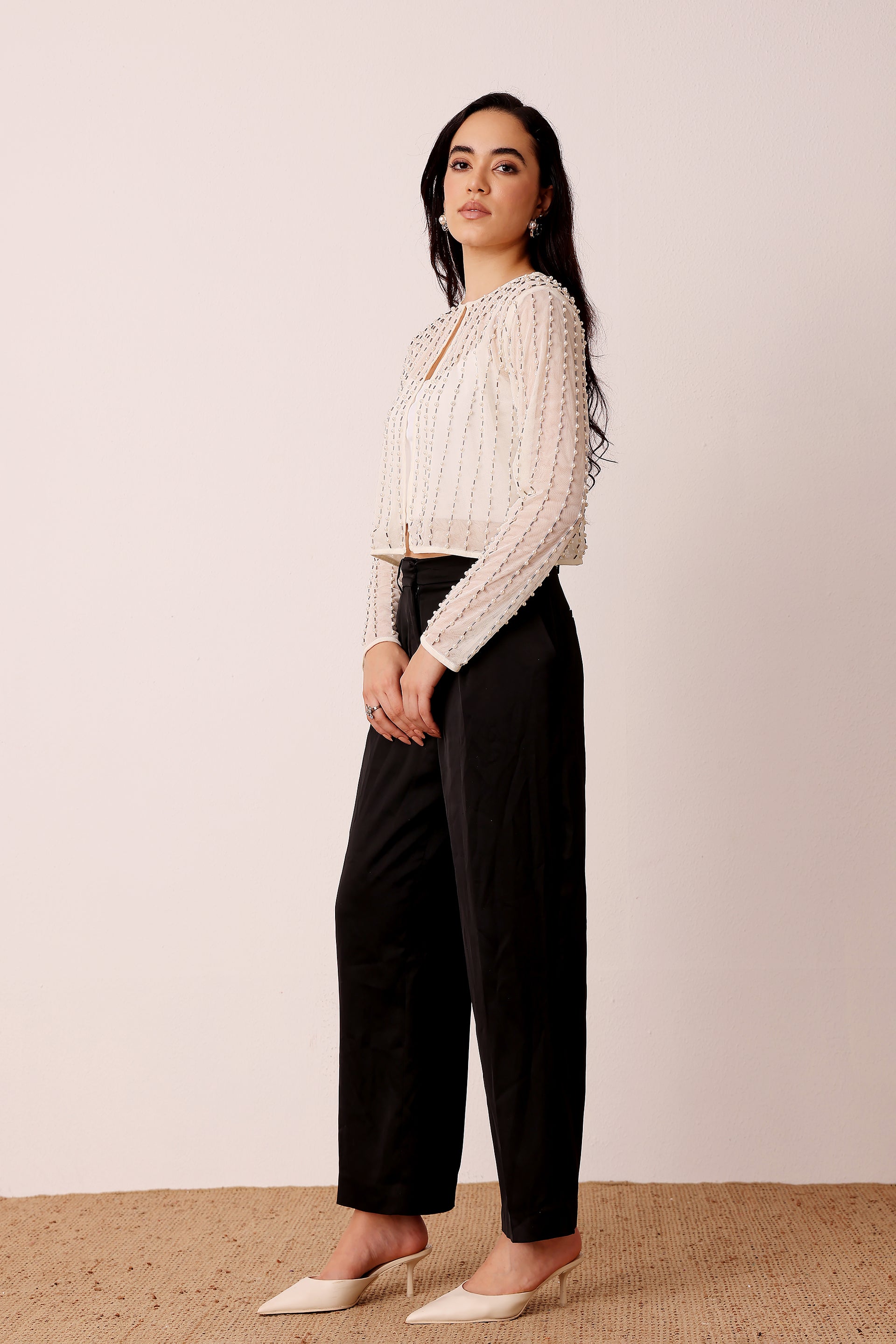 Pearl Embellished Sheer Cropped Jacket in Ivory