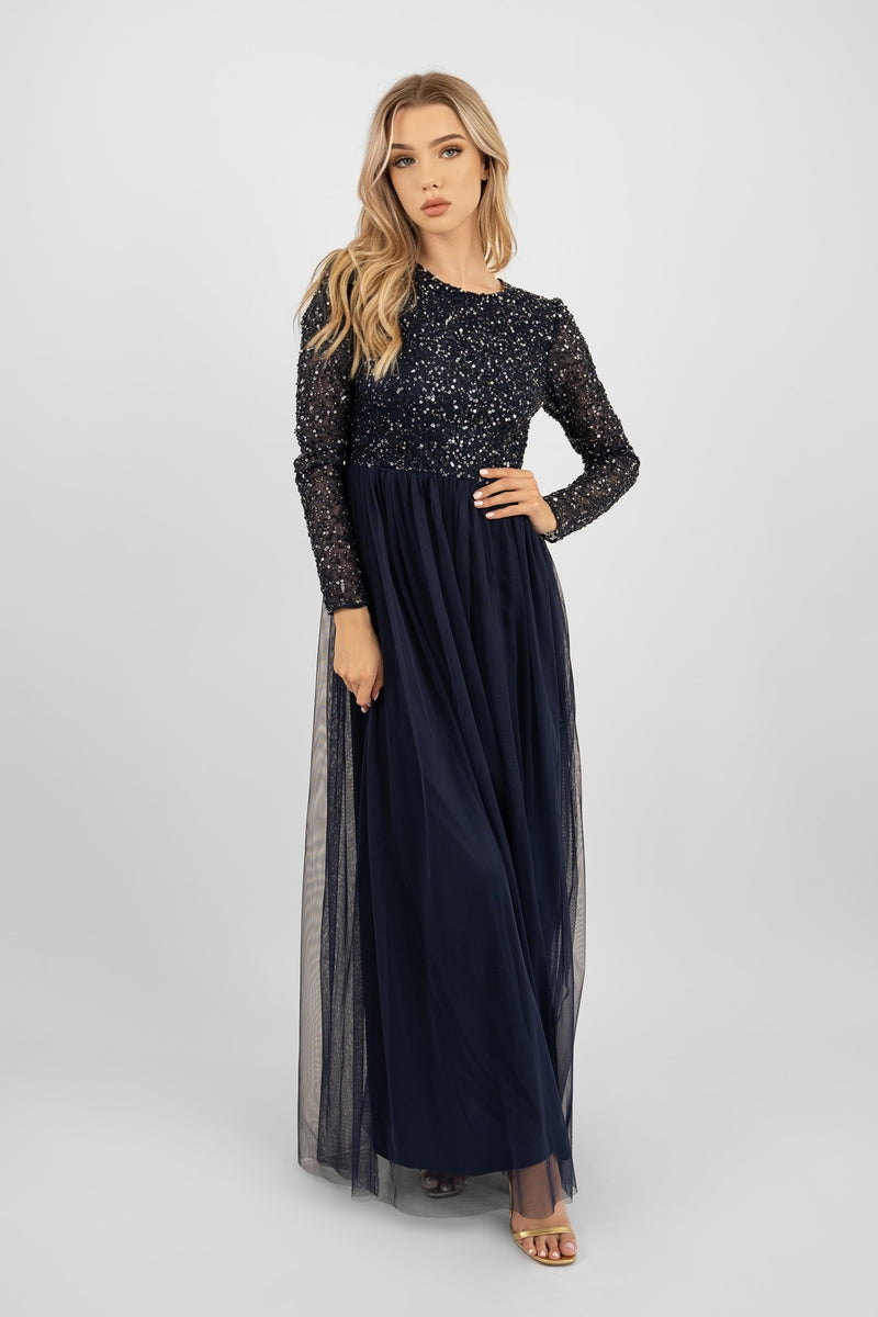 Belle Navy Blue Long Sleeve Bridesmaid Dress Lace Beads