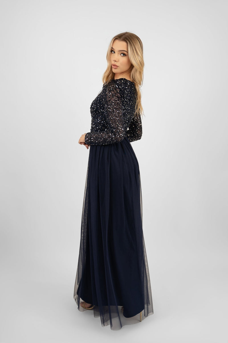 navy-blue-long-sleeve-bridesmaid-dress