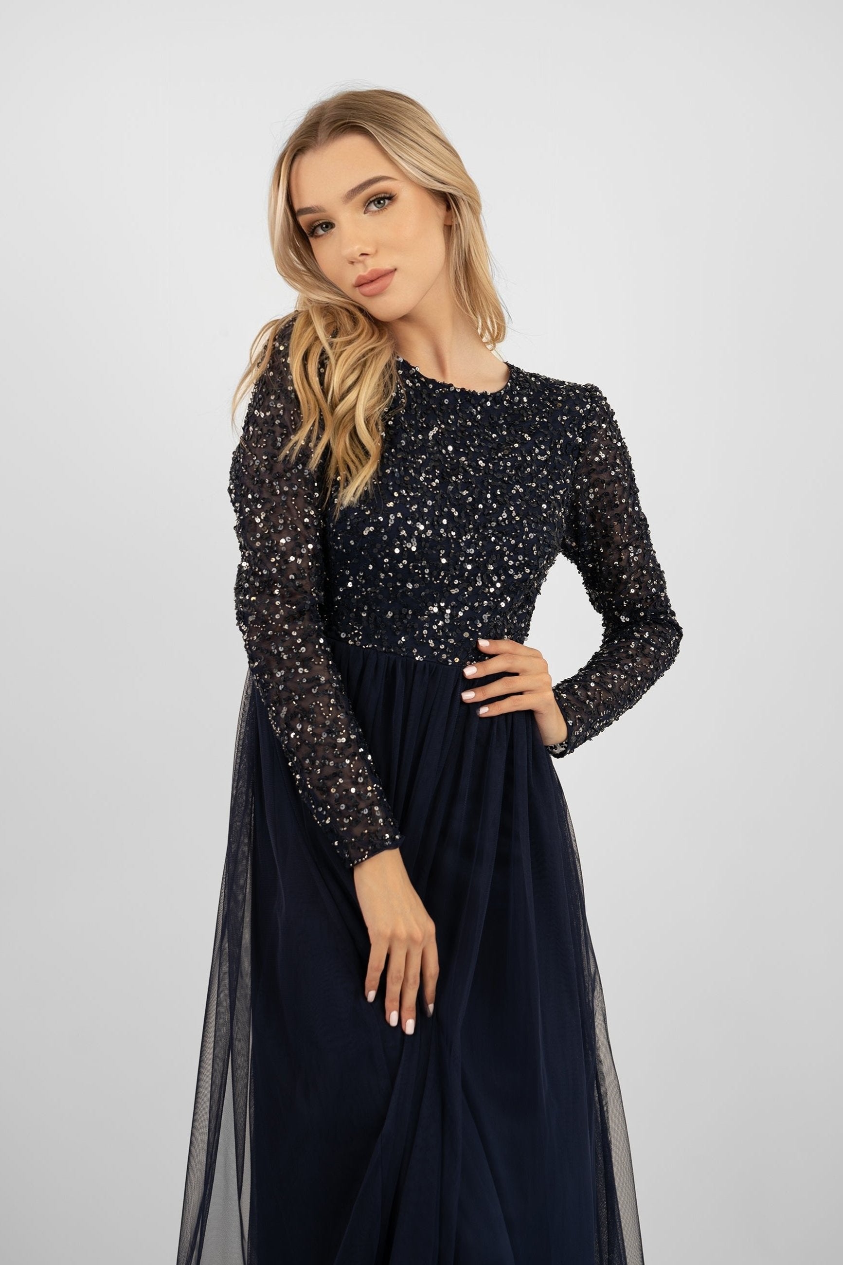 Belle Navy Blue Long Sleeve Bridesmaid Dress – Lace & Beads