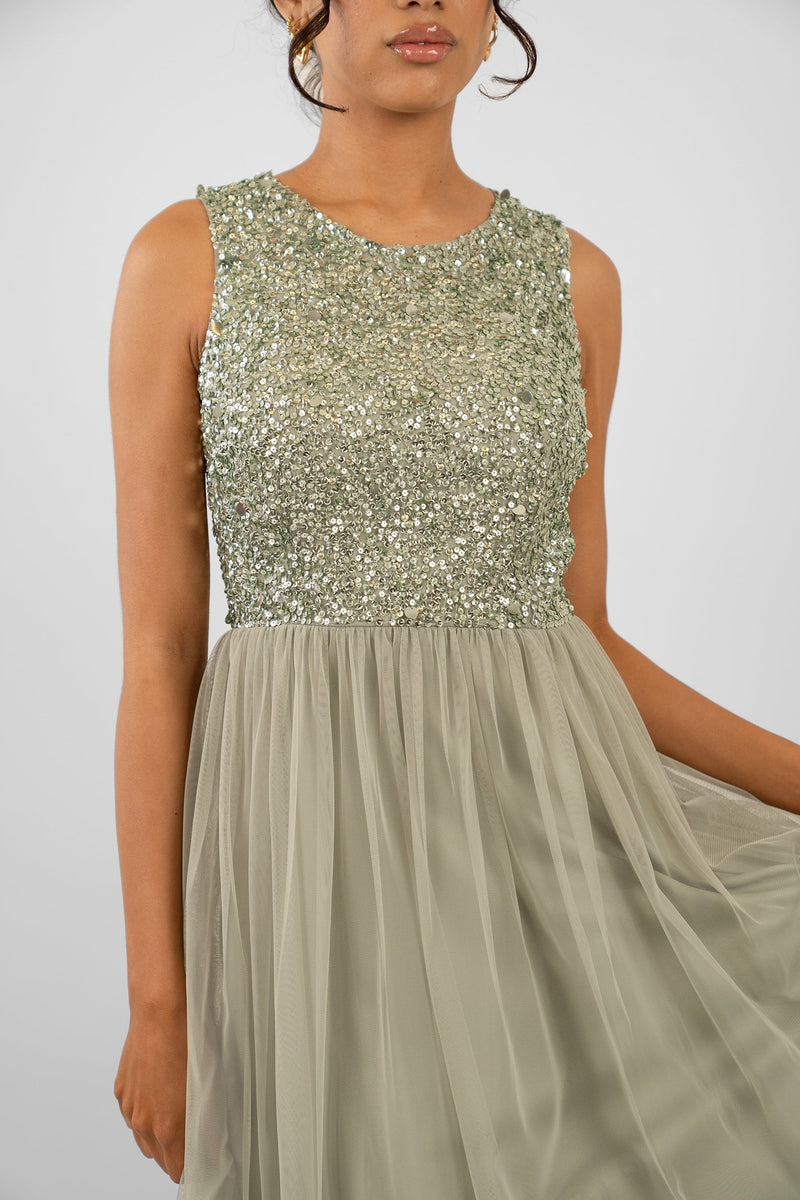Picasso Sage Green Embellished Bridesmaid Dress Lace Beads