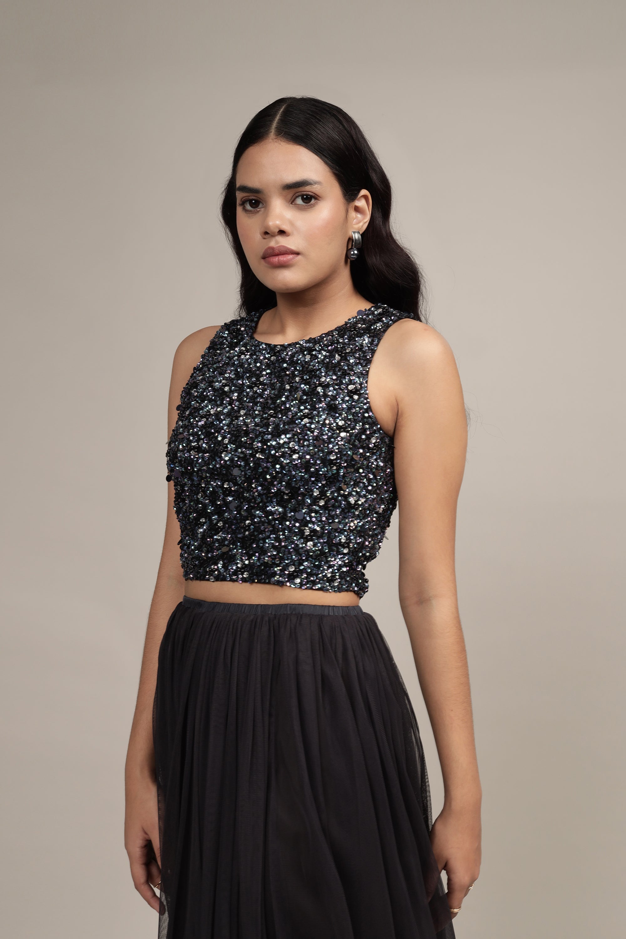 Picasso Black Beaded Top With Iridescent Sequins