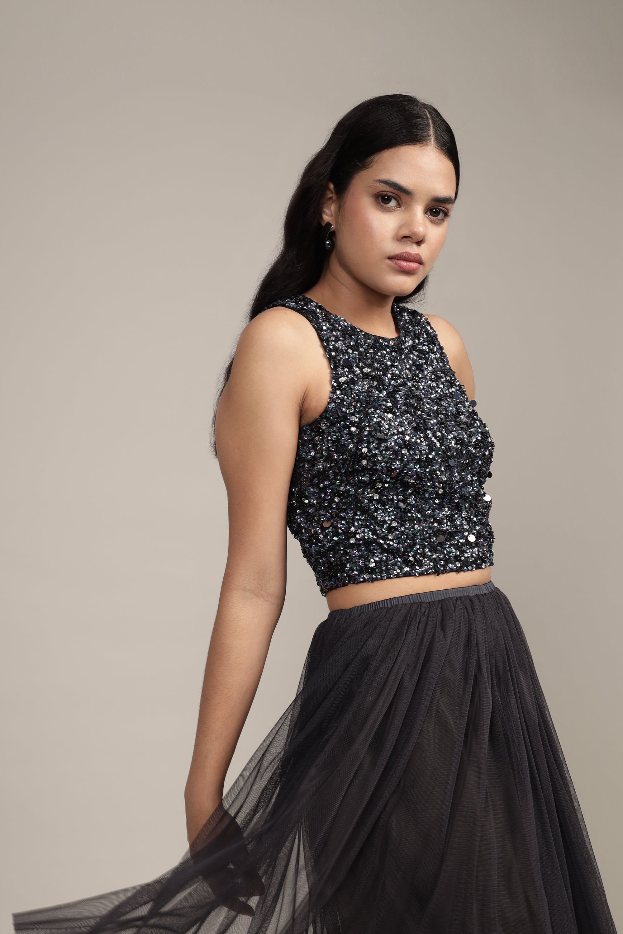 Picasso Black Beaded Top With Iridescent Sequins