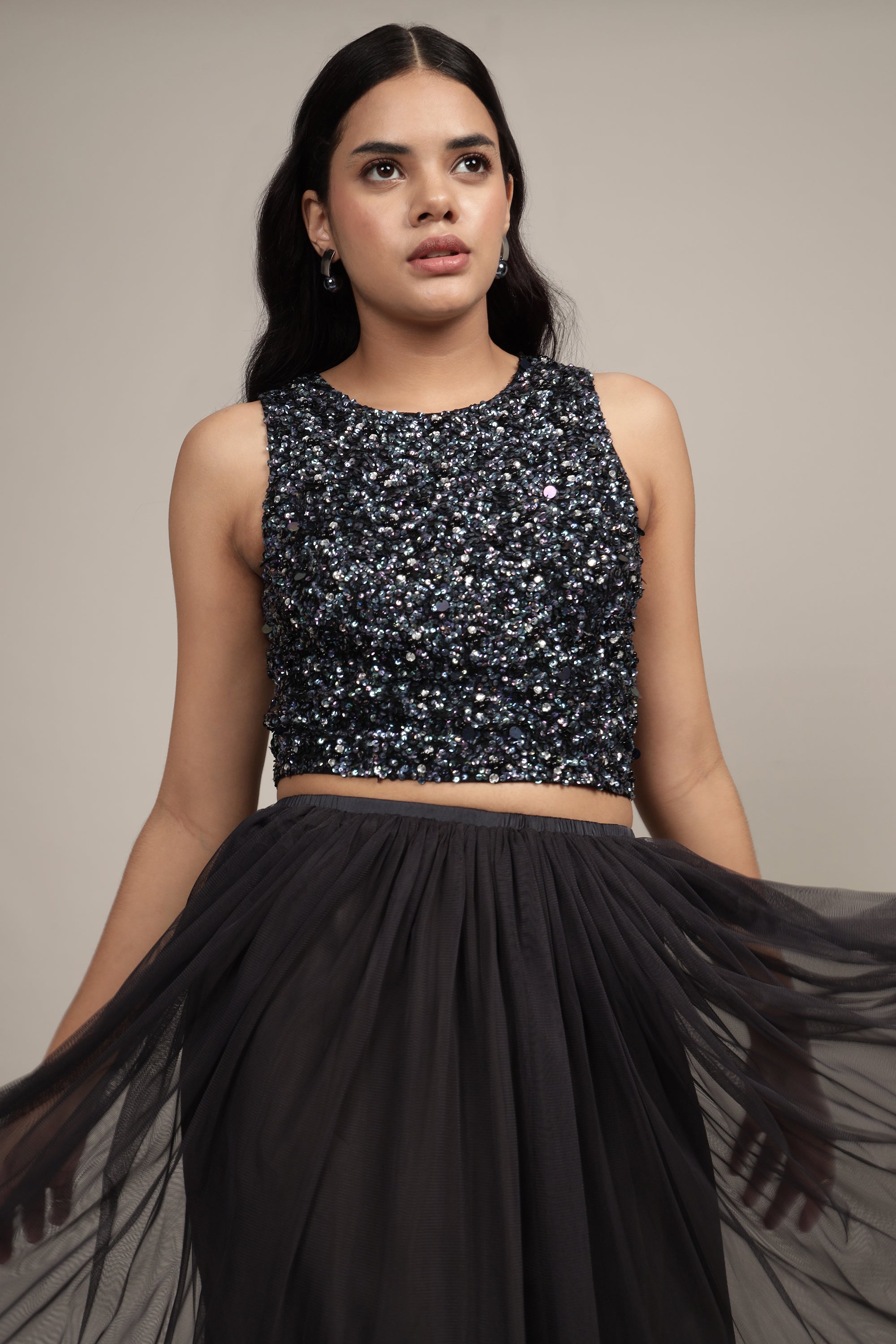 Picasso Black Beaded Top With Iridescent Sequins