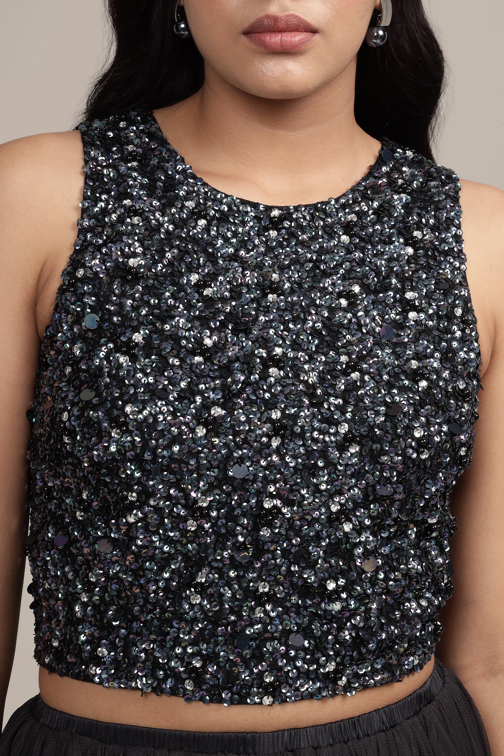 Picasso Black Beaded Top With Iridescent Sequins