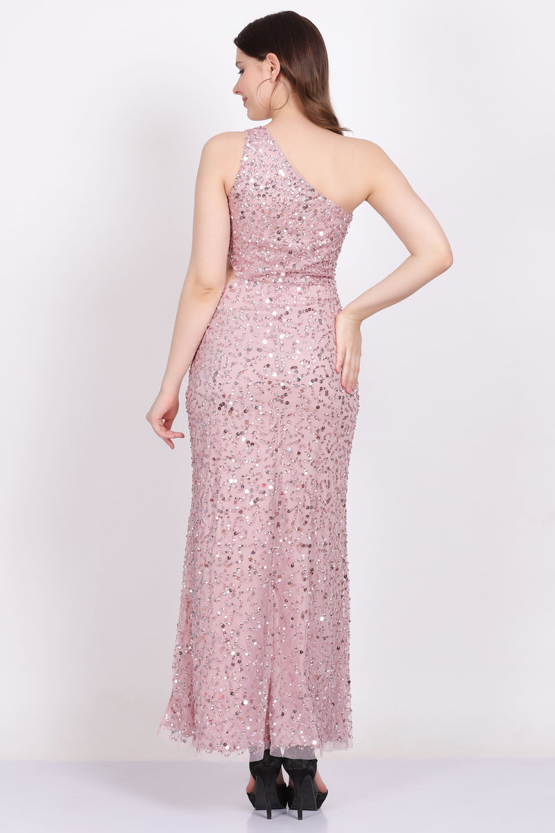 Naeve One Shoulder Sequin Dress in Pink Lace Beads