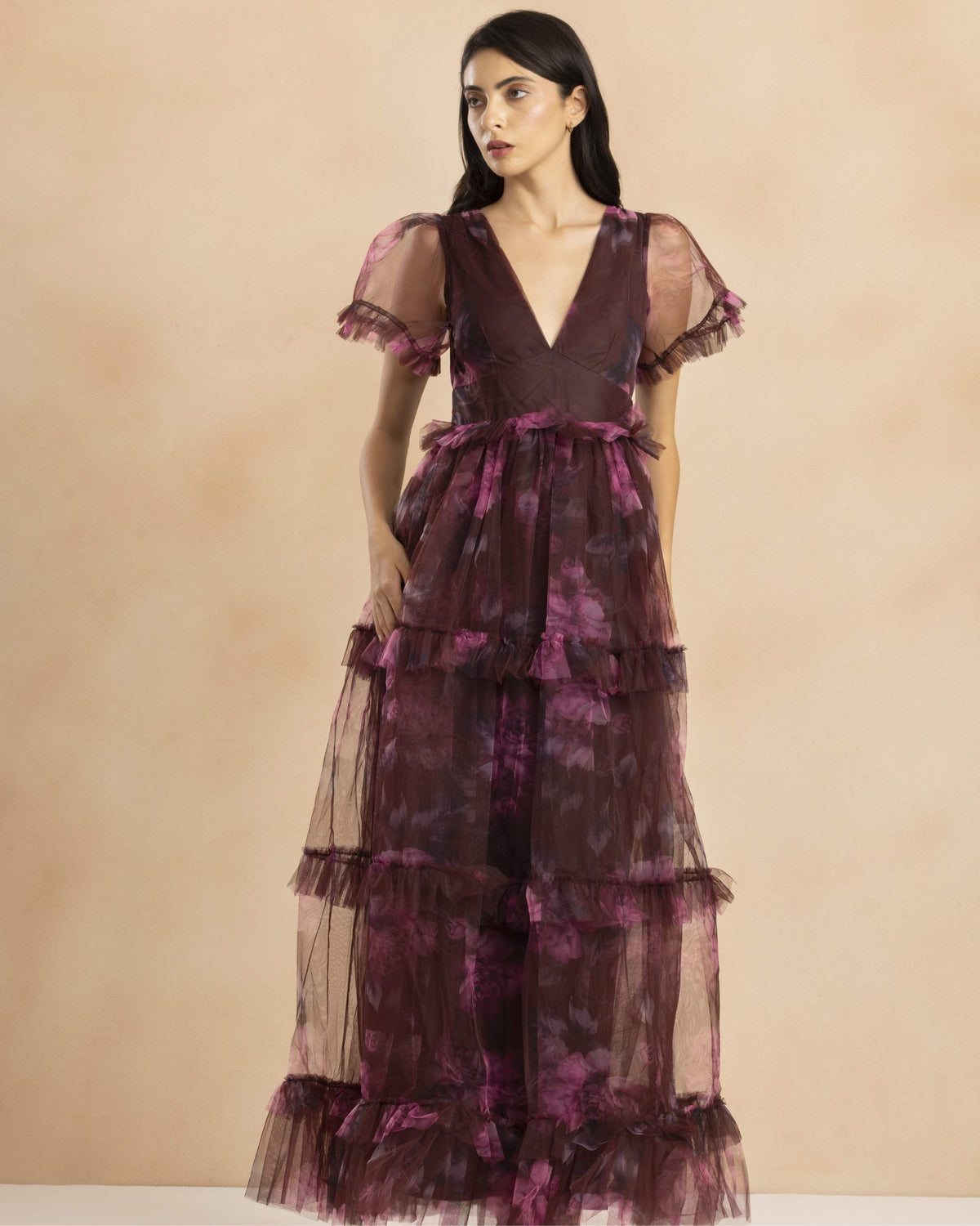 Quella Maxi Dress in Mocha Plum Print