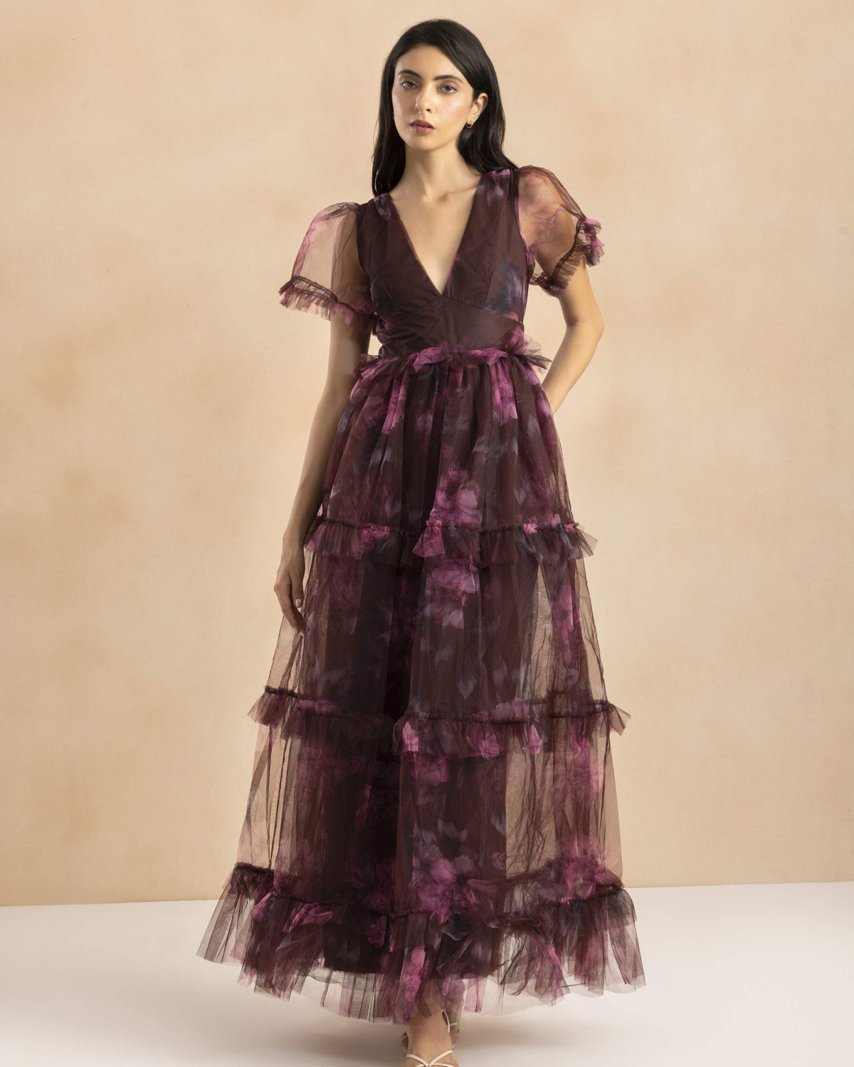 Quella Maxi Dress in Mocha Plum Print