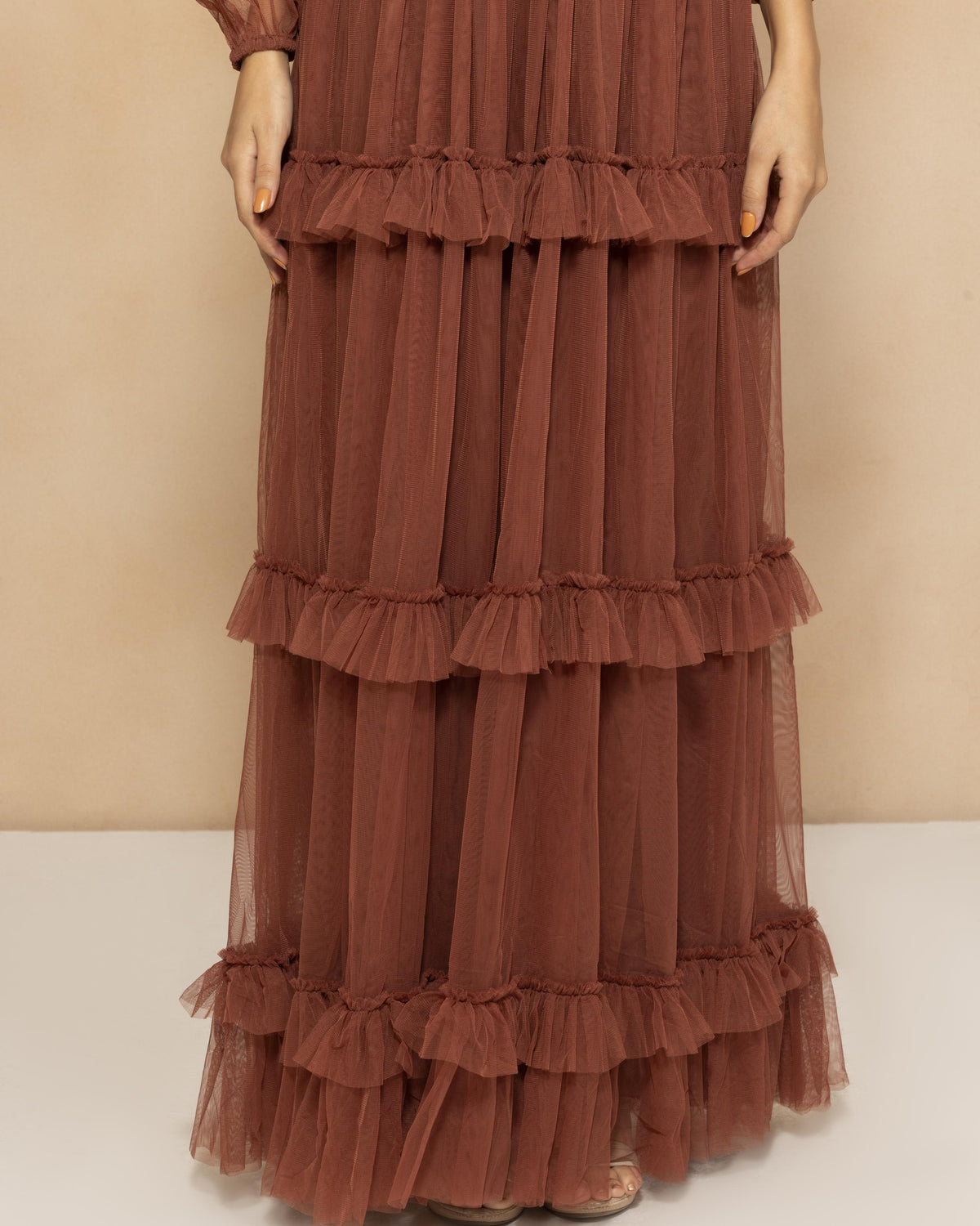 Long Sleeve Quella Soft Tulle Maxi Dress in Arabian Spice