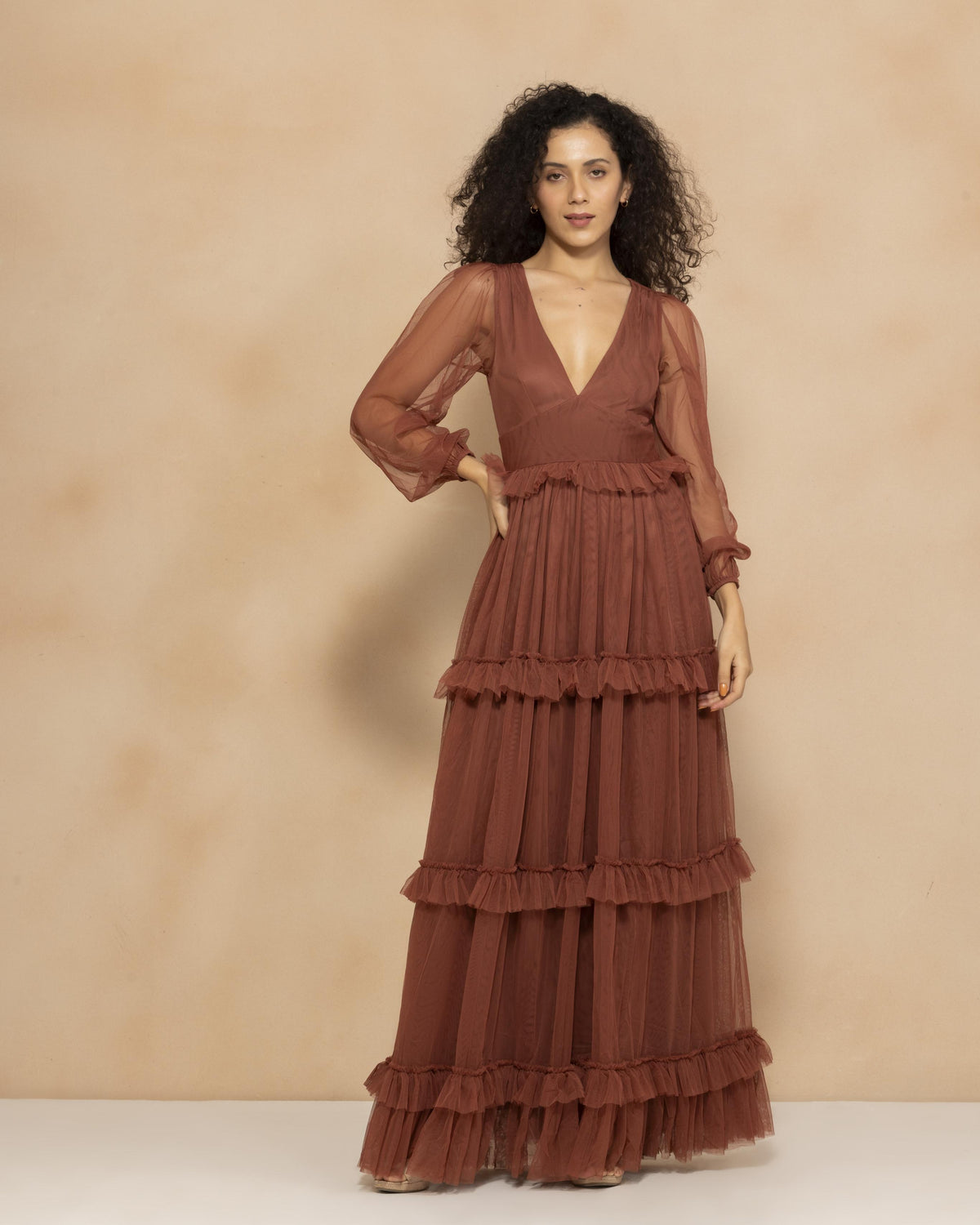 Long Sleeve Quella Soft Tulle Maxi Dress in Arabian Spice