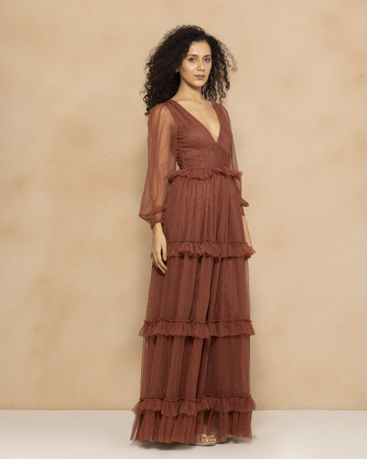 Long Sleeve Quella Soft Tulle Maxi Dress in Arabian Spice