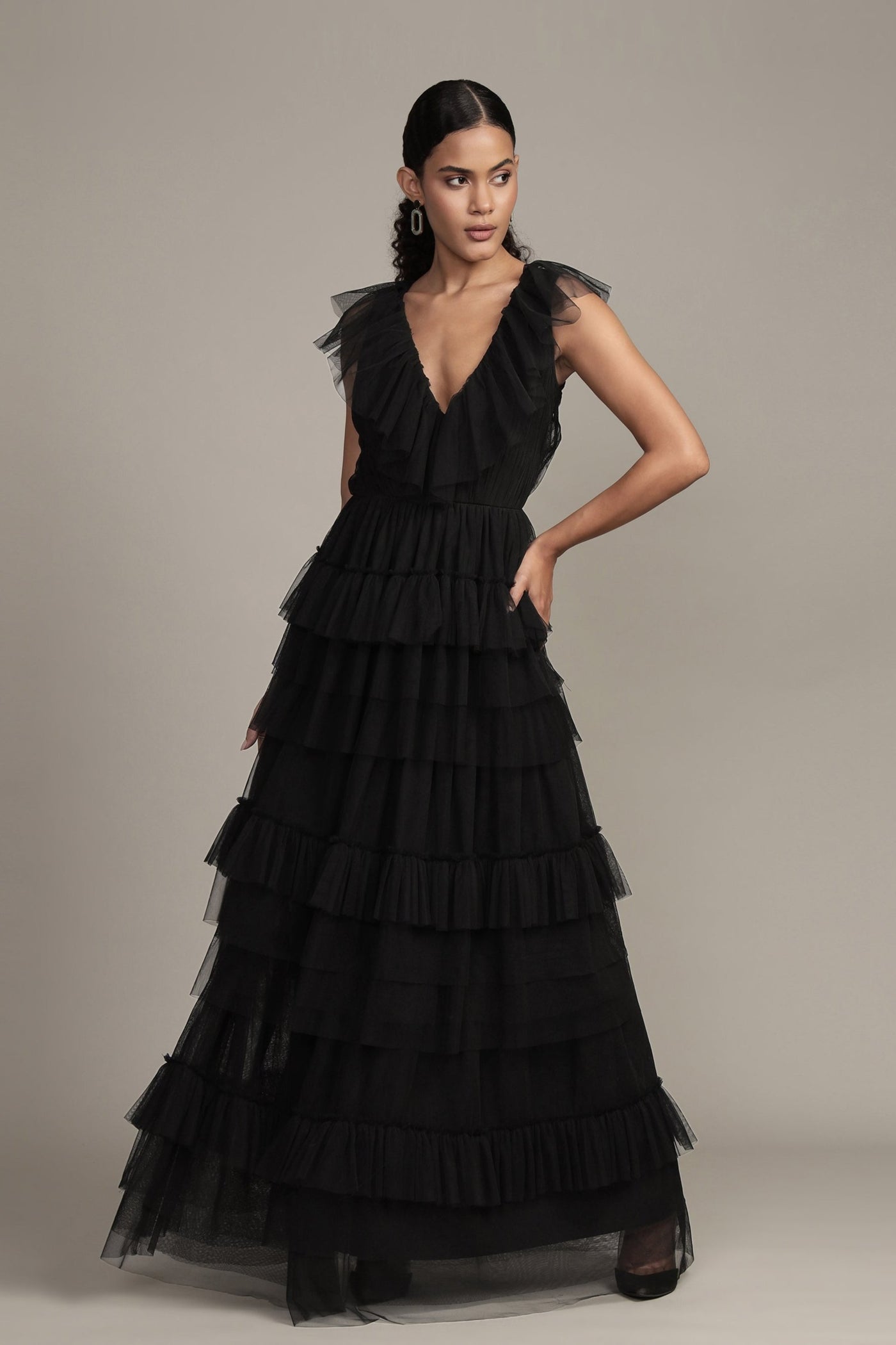 Georgia Maxi Dress - Black - Ruffle Tulle Dress With Sheer Detail