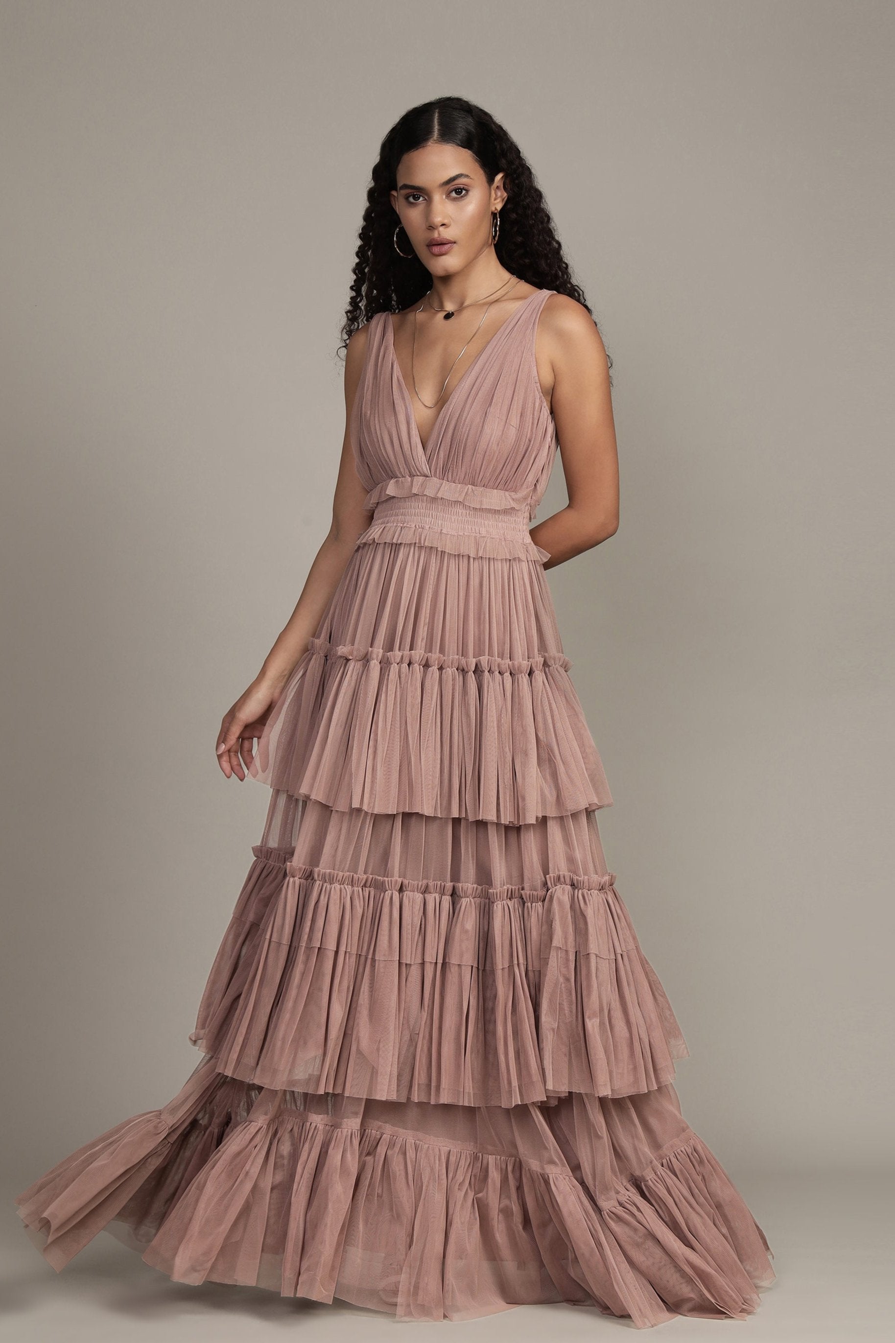 mink taupe maxi dress tiered-skirt rouched-waist