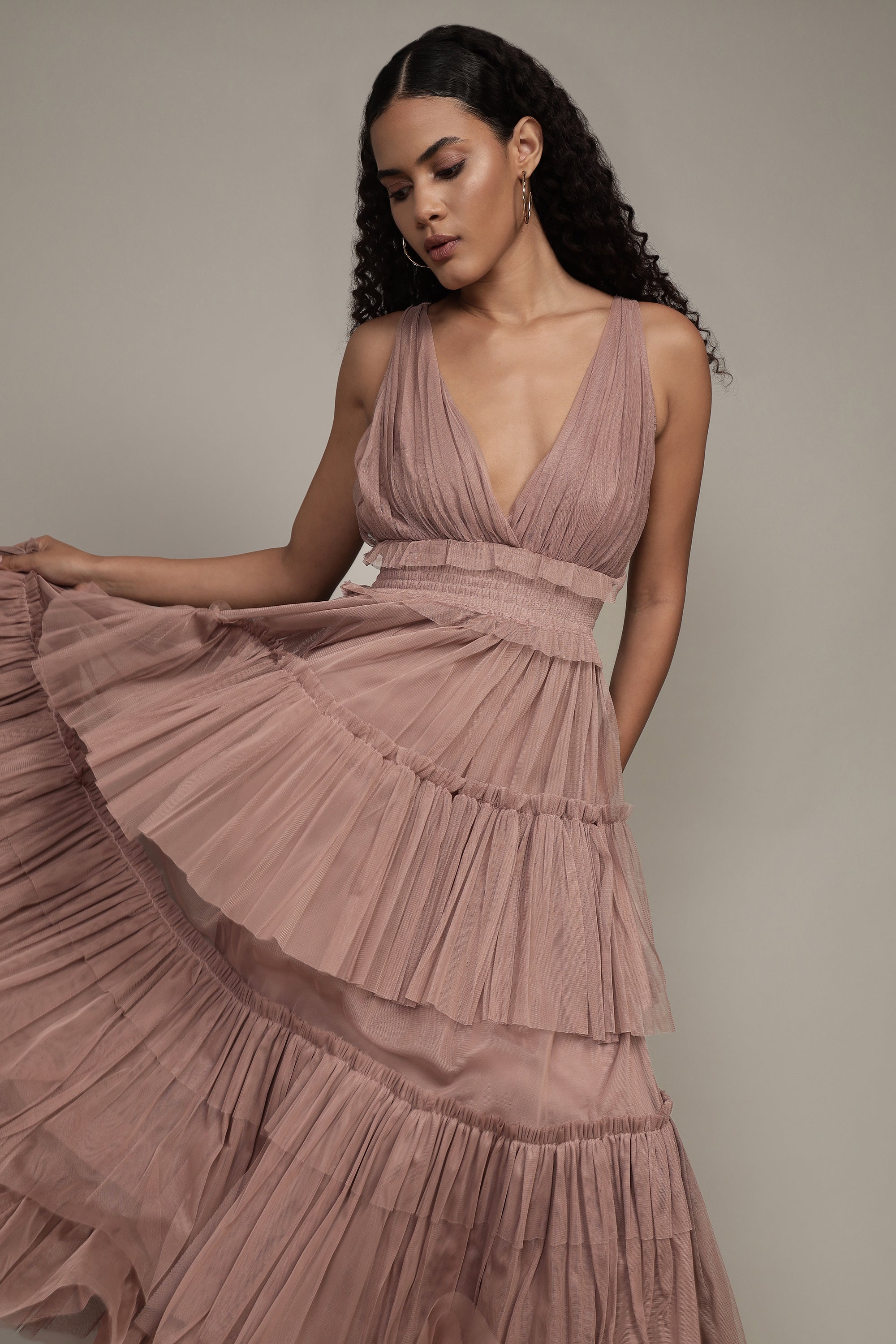 Luna Tulle Maxi Dress in Taupe