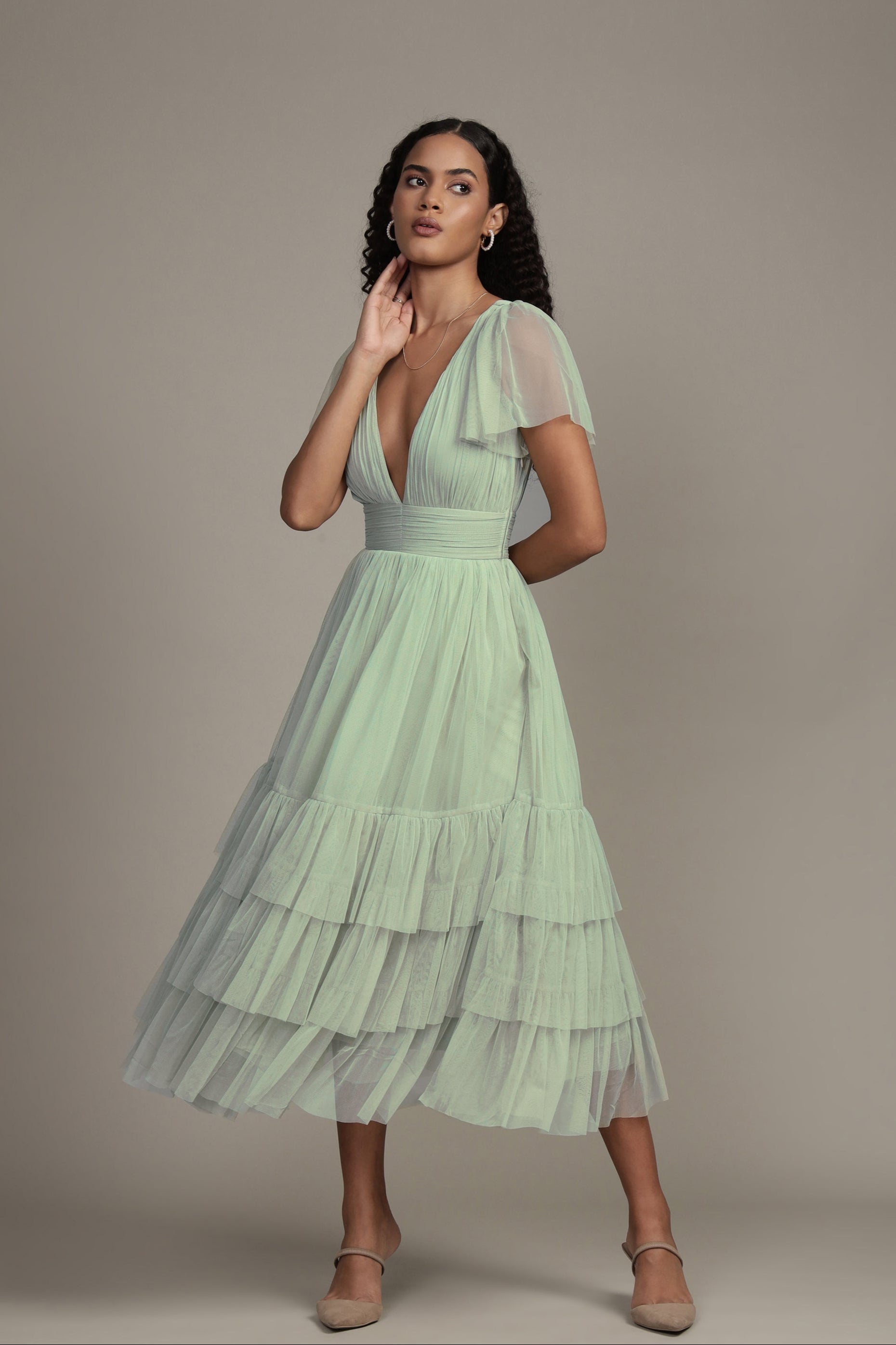 Madison Sage Green Tulle Bridesmaid Midi Dress Lace & Beads Madison Sage Green Tulle Bridesmaid Midi Dress Lace & Beads