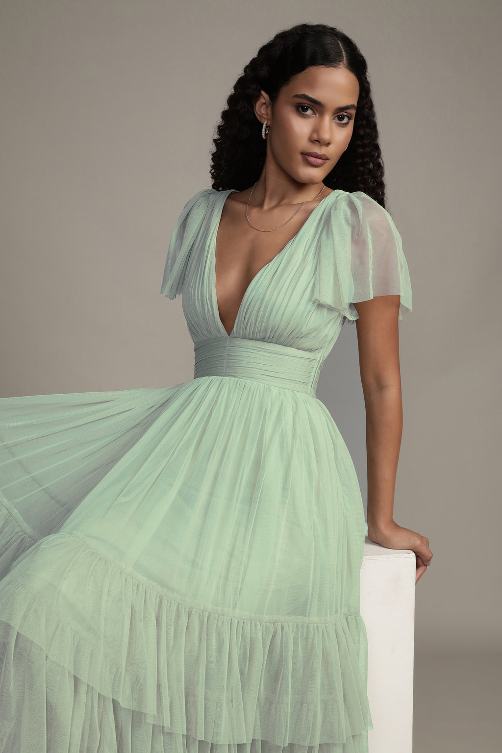 Madison Sage Green Tulle Bridesmaid Midi Dress  Lace & Beads
